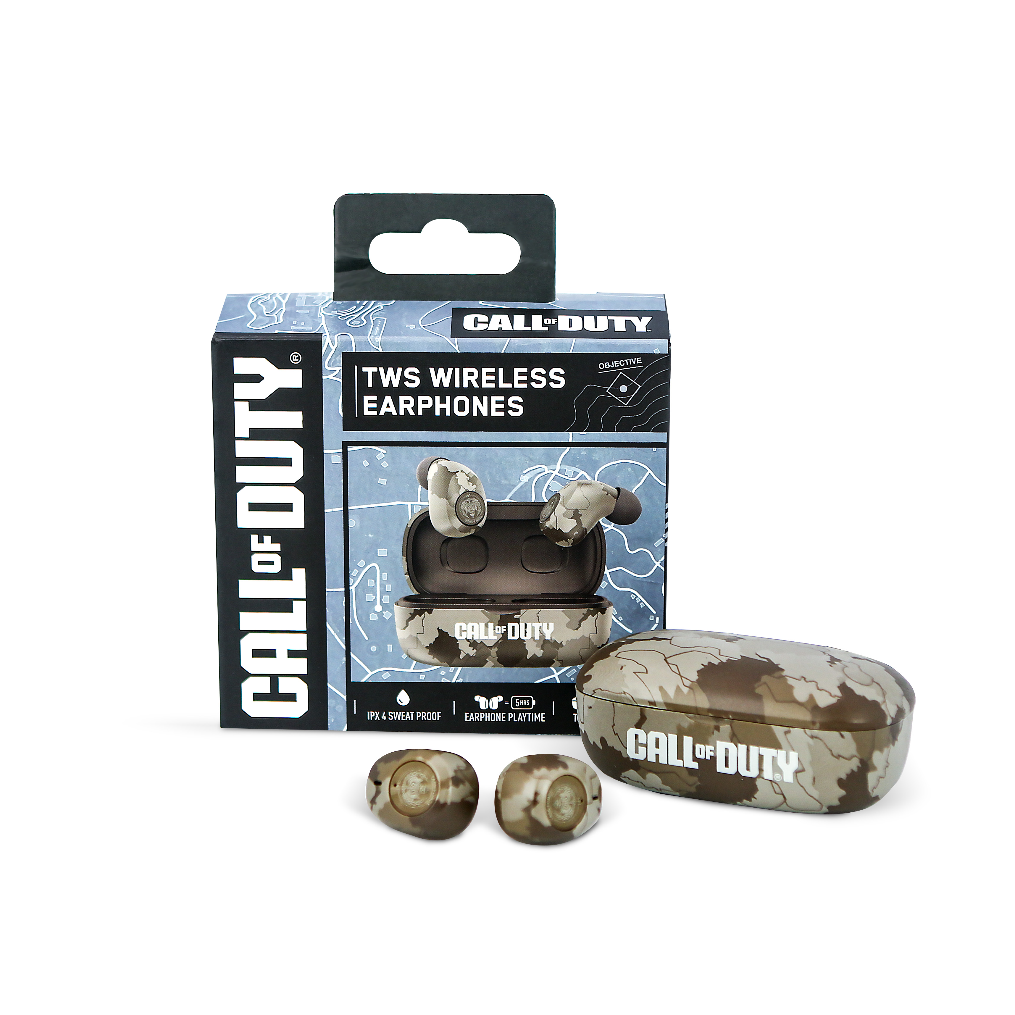 Auricolari wireless TWS Call of Duty con design mimetico, in scatola e custodia su superficie bianca.