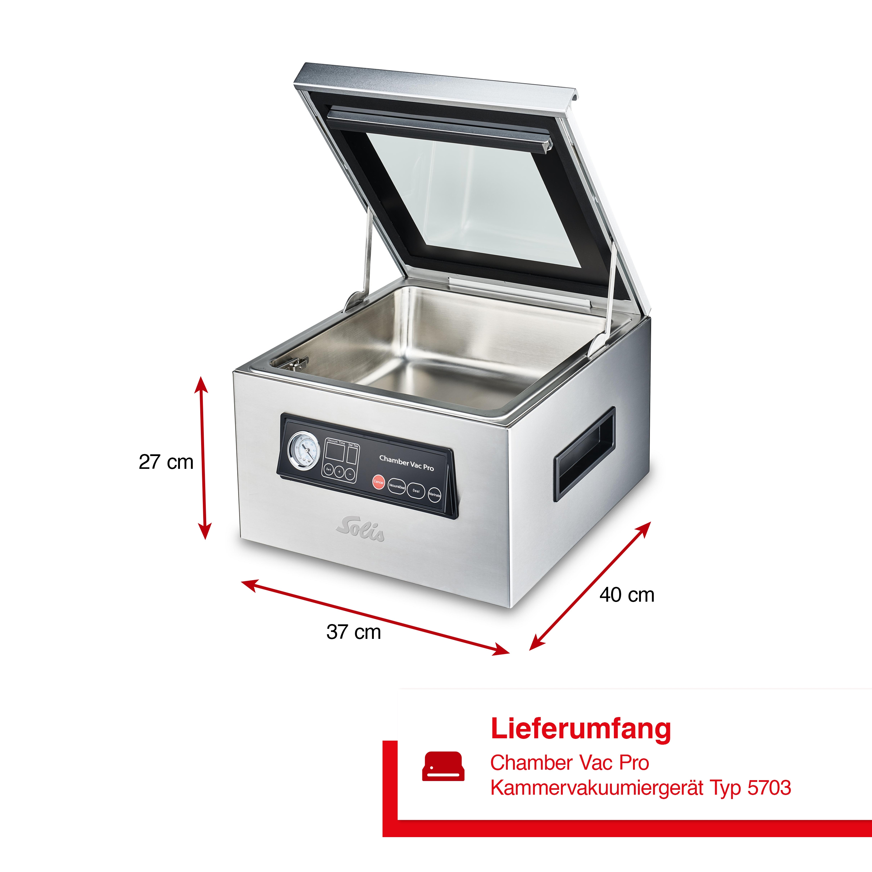 Vakuumiergerät aus Edelstahl mit Maßen. Das Produkt hat einen offenen Deckel.