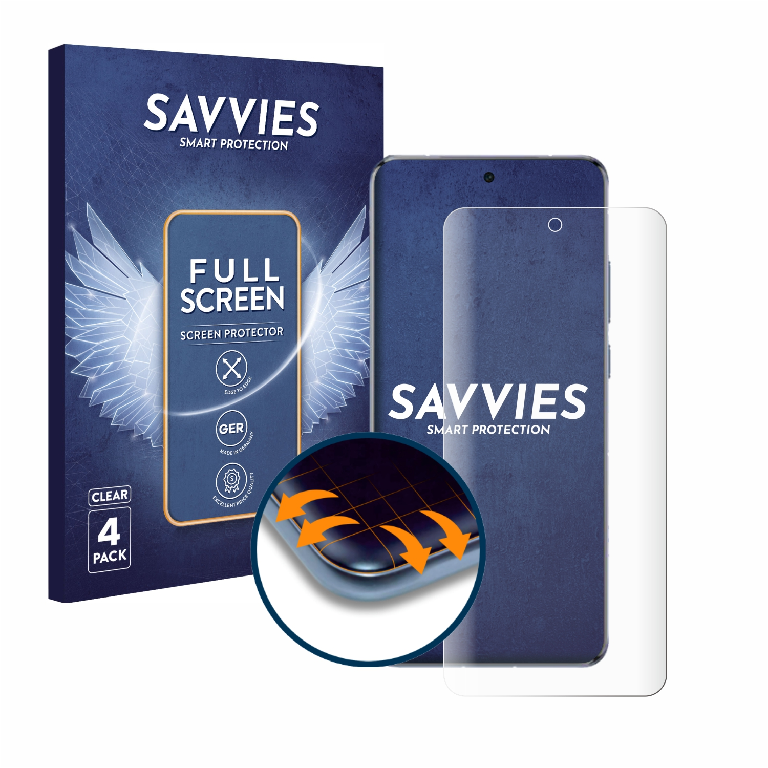 Schachtel mit Displayschutzfolie, Telefon mit Folie und Nahaufnahme der Folie auf dem Telefon.