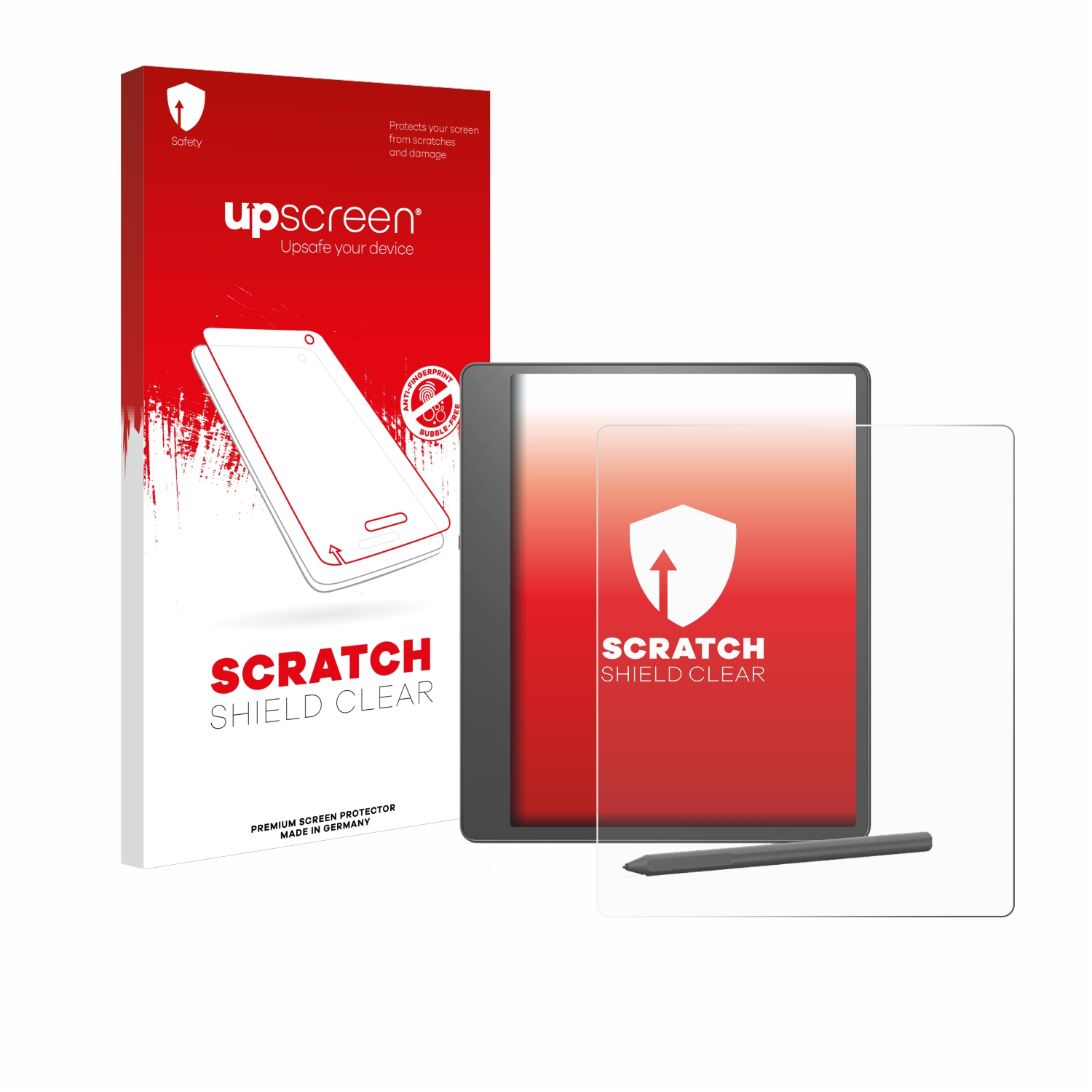 Ein Tablet mit Displayschutz und seiner Verpackung. Die Verpackung zeigt eine Tablet-Illustration und Text.