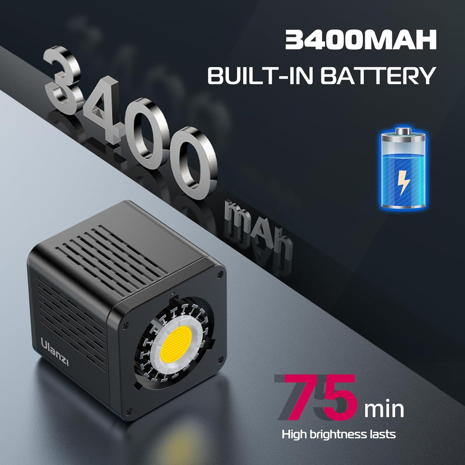 Czarne światło do nagrywania wideo. Mówi, że bateria 3400mAh i trwa 75 minut.