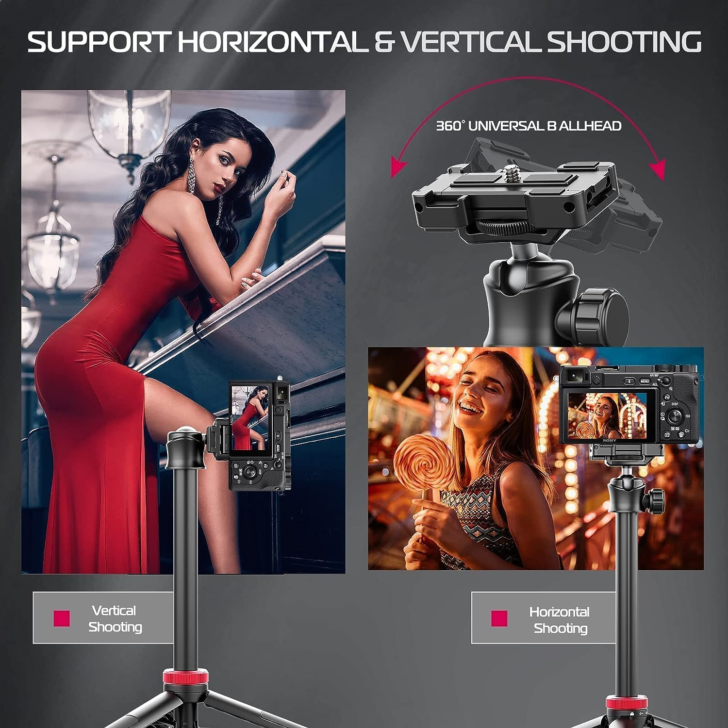 Obrazek przedstawia konfigurację statywu z dwoma zdjęciami: kobieta w czerwonej sukience i kobieta z lizakiem.