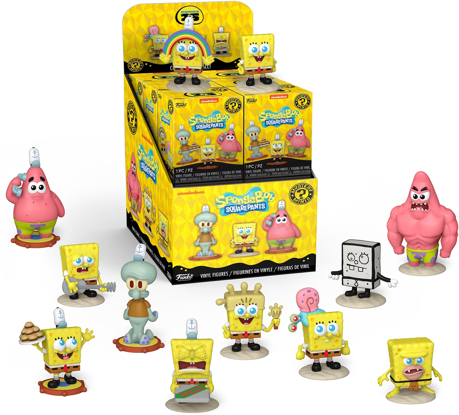Spongebob Schwammkopf Spielzeug in einer Displaybox. Verschiedene Charaktere werden gezeigt.