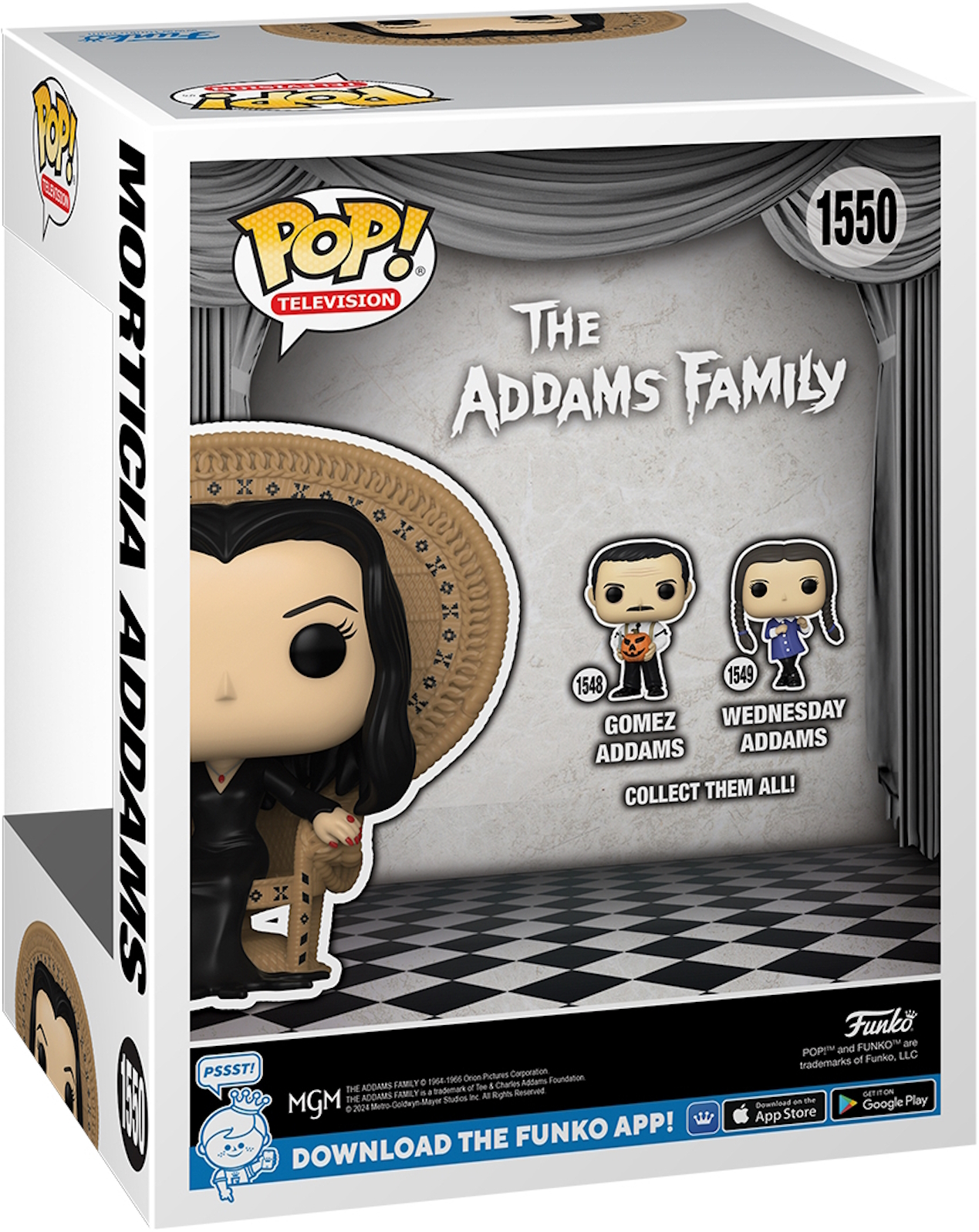 Caja para una figura de Morticia Addams. La caja muestra a Morticia Addams y otras dos figuras de la Familia Addams.