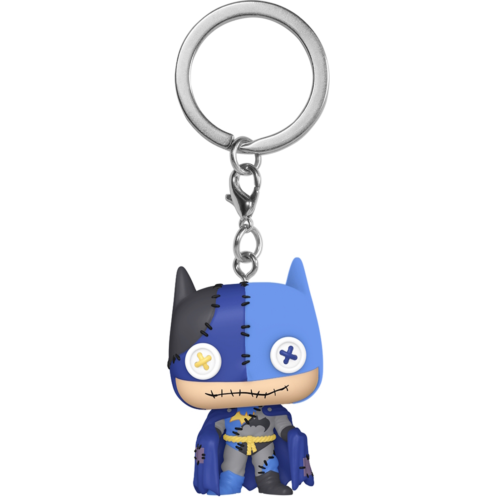 Una figura de llavero de Batman Funko Pop, mitad negro y mitad azul, con ojos de botón y detalles de costura.