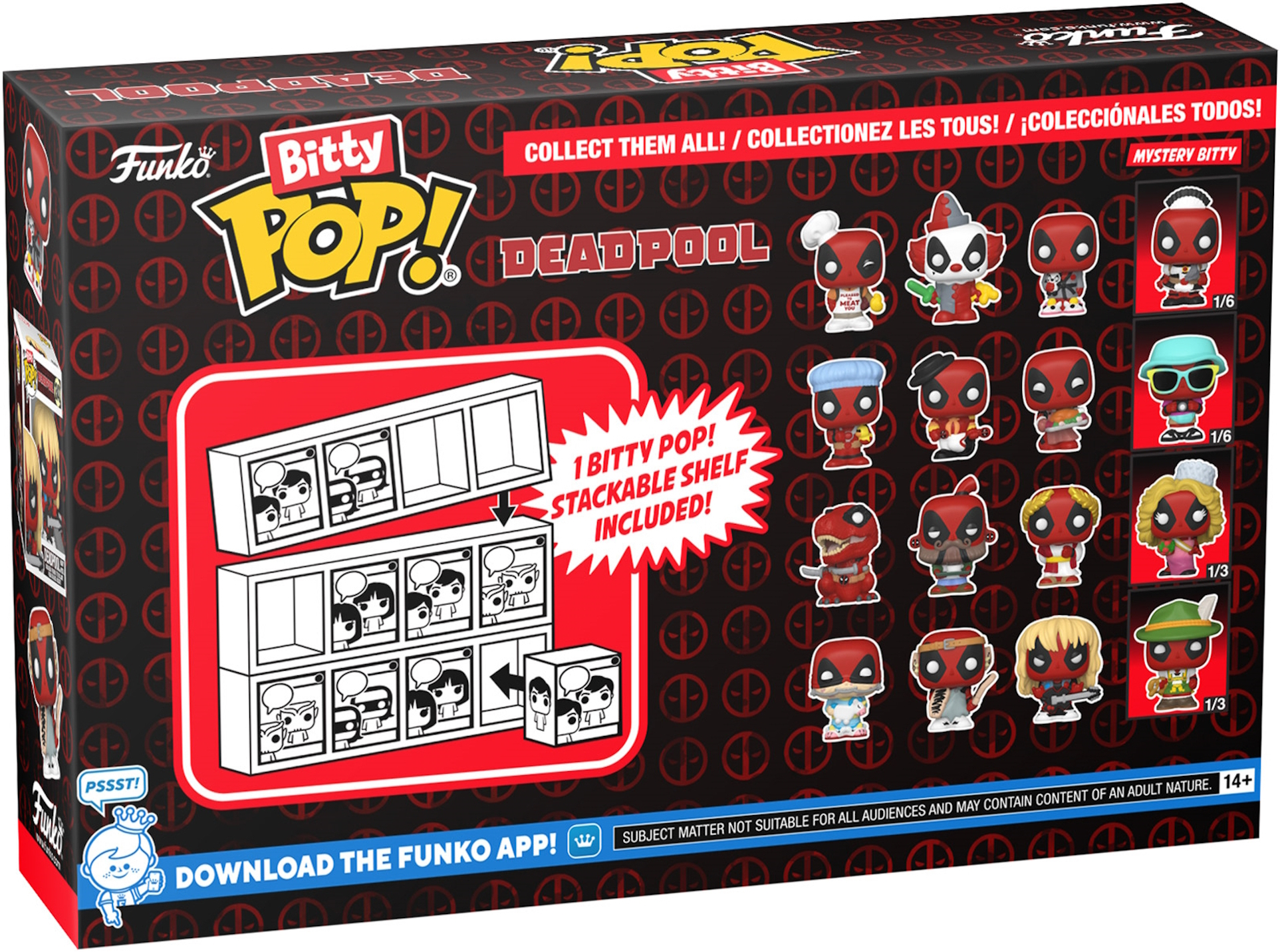 Parte trasera de una caja Funko Bitty Pop! Deadpool. Presenta varias figuras de Deadpool y un estante.