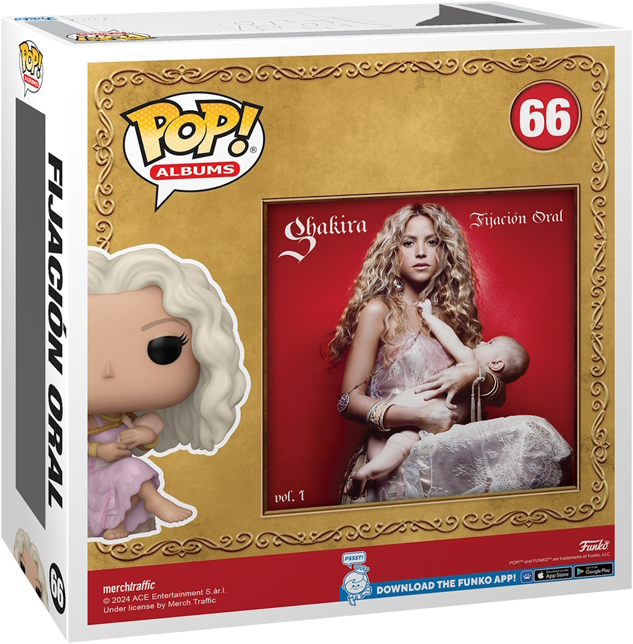 Caja Funko Pop con Shakira, portada del álbum, Vol. 1 y el número 66.