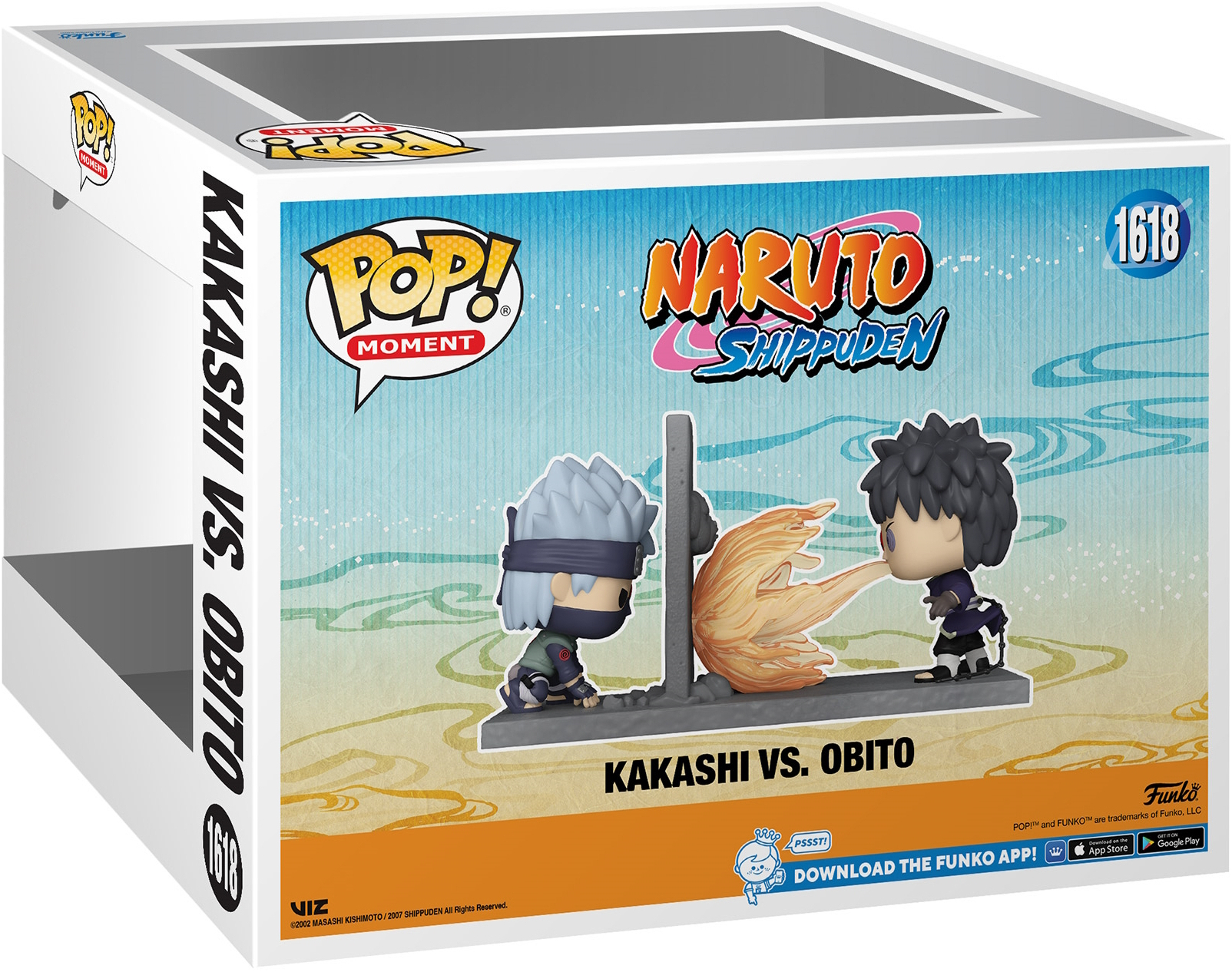 Una caja de Funko Pop con figuras de Kakashi vs. Obito de Naruto Shippuden, con fondo azul.