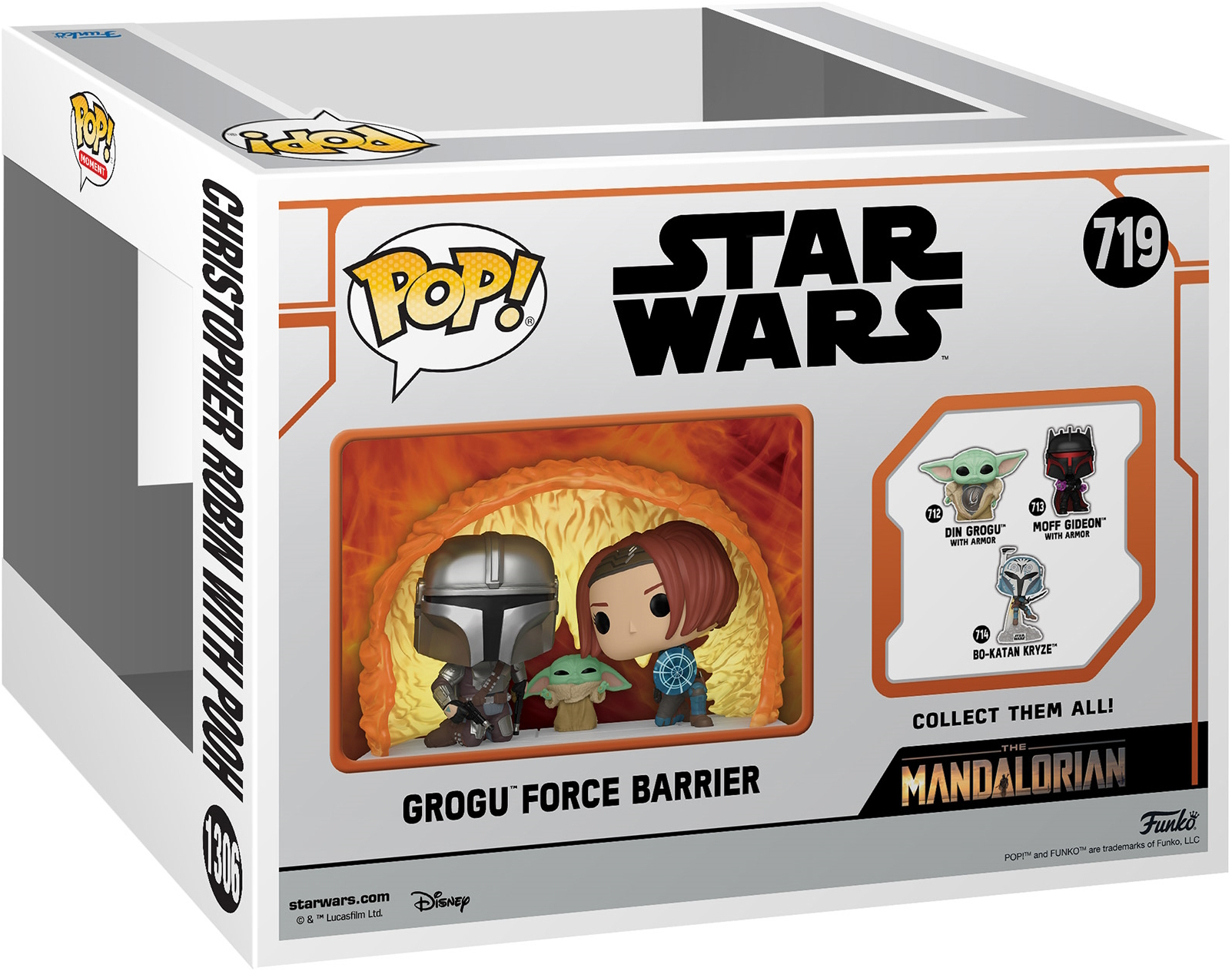 Una caja de Funko Pop de Star Wars con Grogu y el Mandaloriano con texto y logotipos.