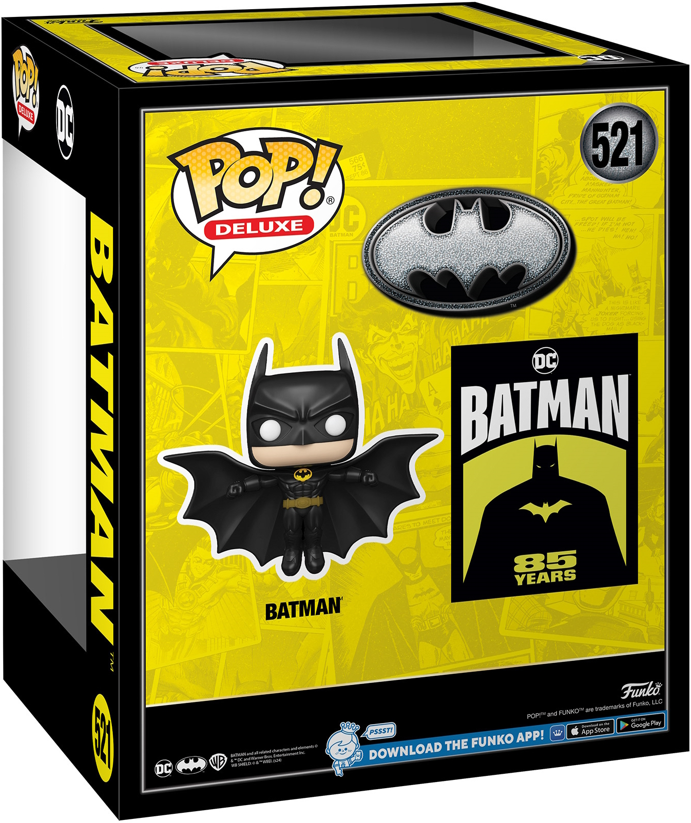 Caja Batman Pop! Deluxe con figura de Batman, logo y texto 85 aniversario.
