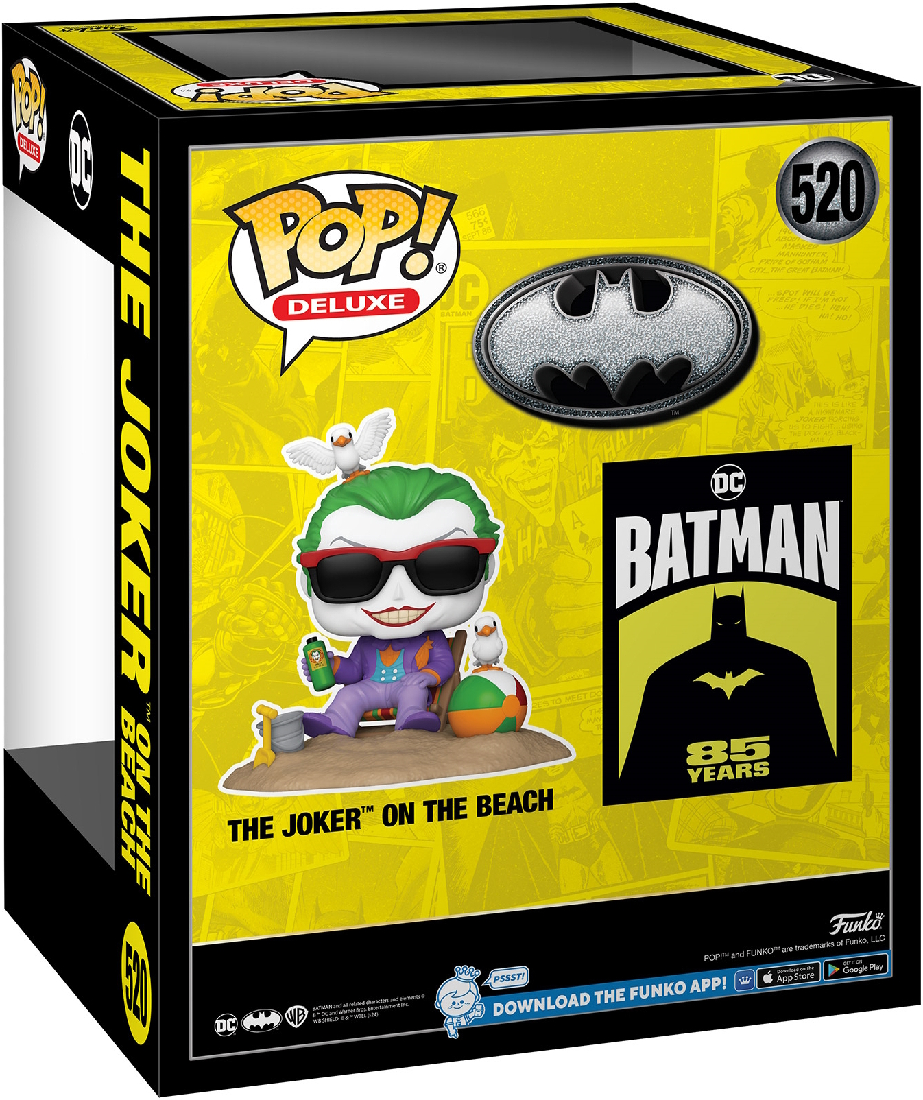 Caja Funko Pop: The Joker en la playa. La figura, gafas de sol, un pájaro y un logo de DC Comics.