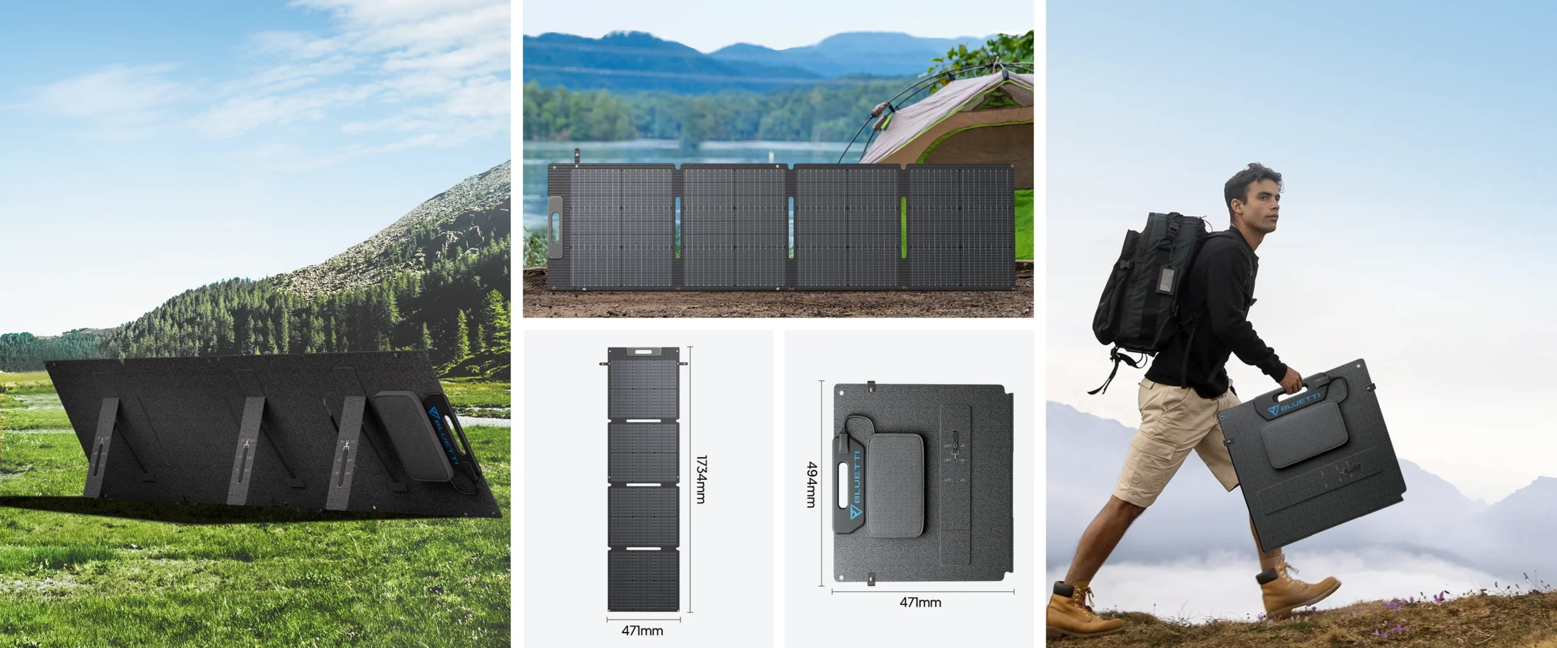 Wiele zdjęć paneli słonecznych w różnych ustawieniach i konfiguracjach.