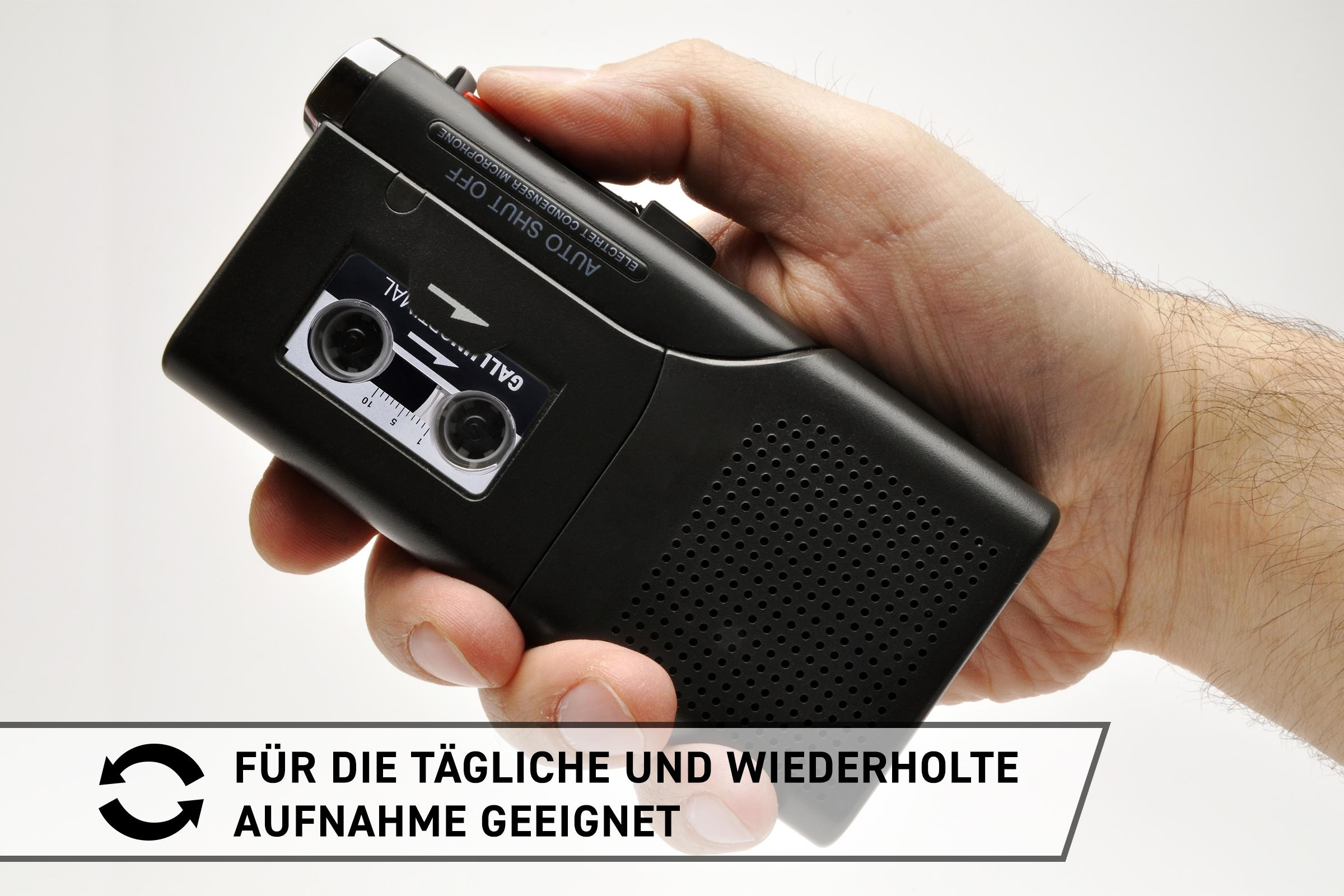Eine Person hält ein schwarzes Aufnahmegerät. Text auf dem Gerät lautet 'Auto Shut Off'. Der Text unten lautet 'Geeignet für tägliche Aufnahme'.
