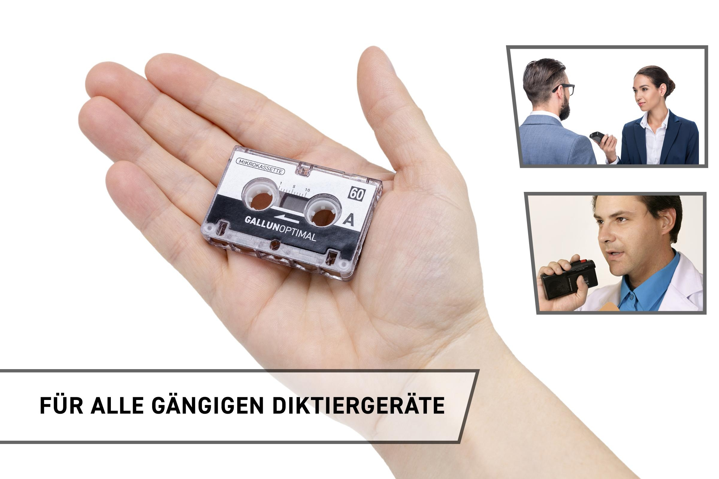 Eine Hand hält eine Kassette. Bilder von Menschen, die Rekorder benutzen, werden gezeigt.