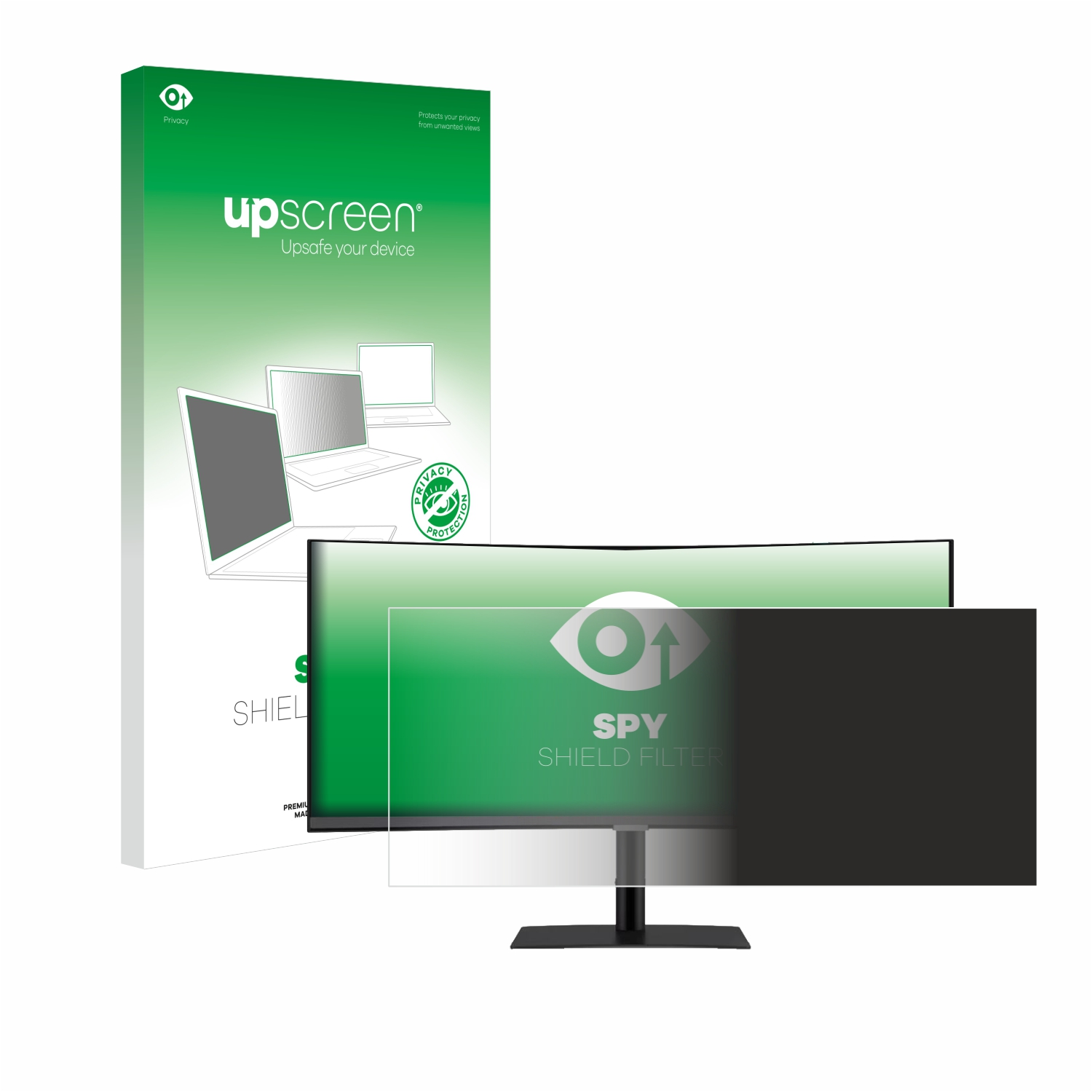 Grün-weiße Box mit Monitor und Blickschutzfilter. Der Bildschirm hat ein Augensymbol.
