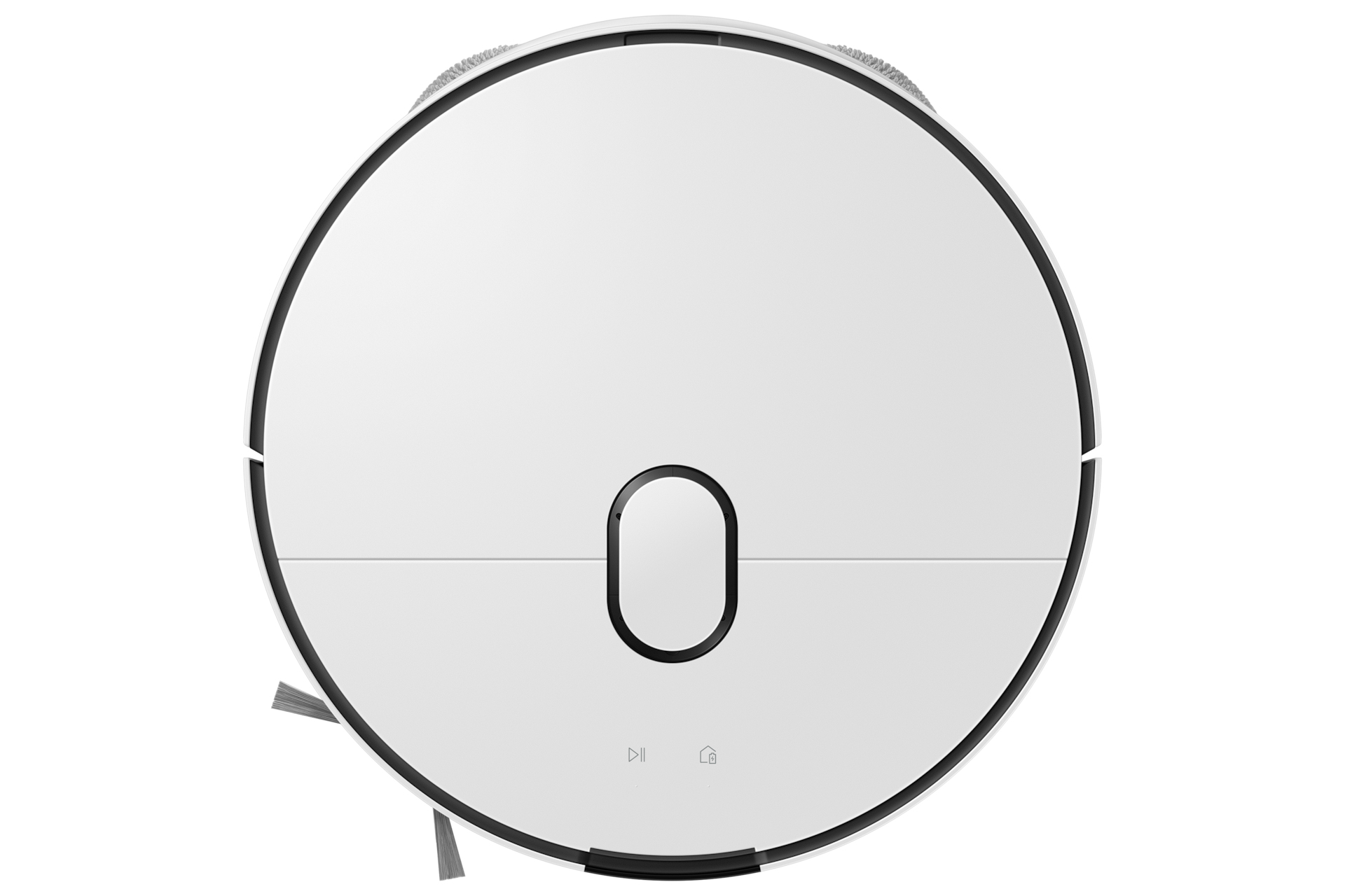 Biały odkurzacz automatyczny z czarną obwódką i przednim przyciskiem.