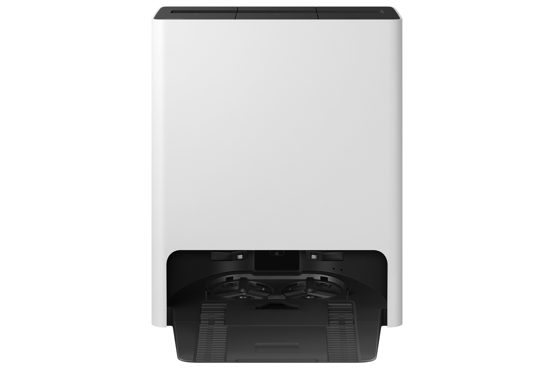Biały, prostokątny odkurzacz automatyczny z czarną podstawą, na białym tle.