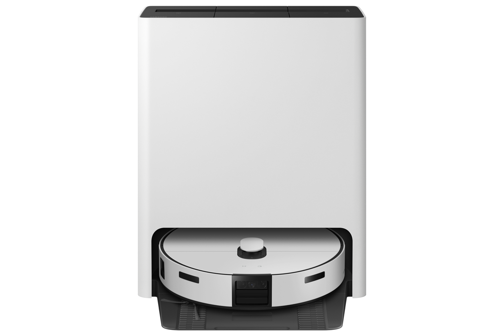 Biały robot odkurzający z czarno-białą stacją dokującą, widok z przodu.
