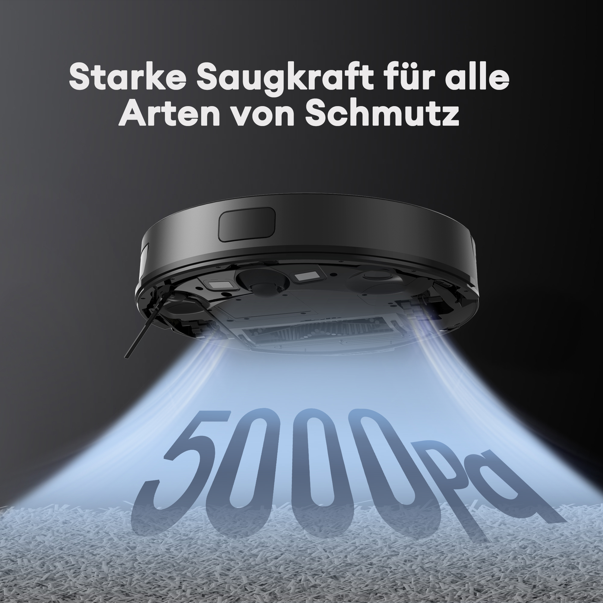 Schwarzer Roboter-Staubsauger mit '5000pa' Text, Lichtstrahlen auf einem Teppich und Text darüber.