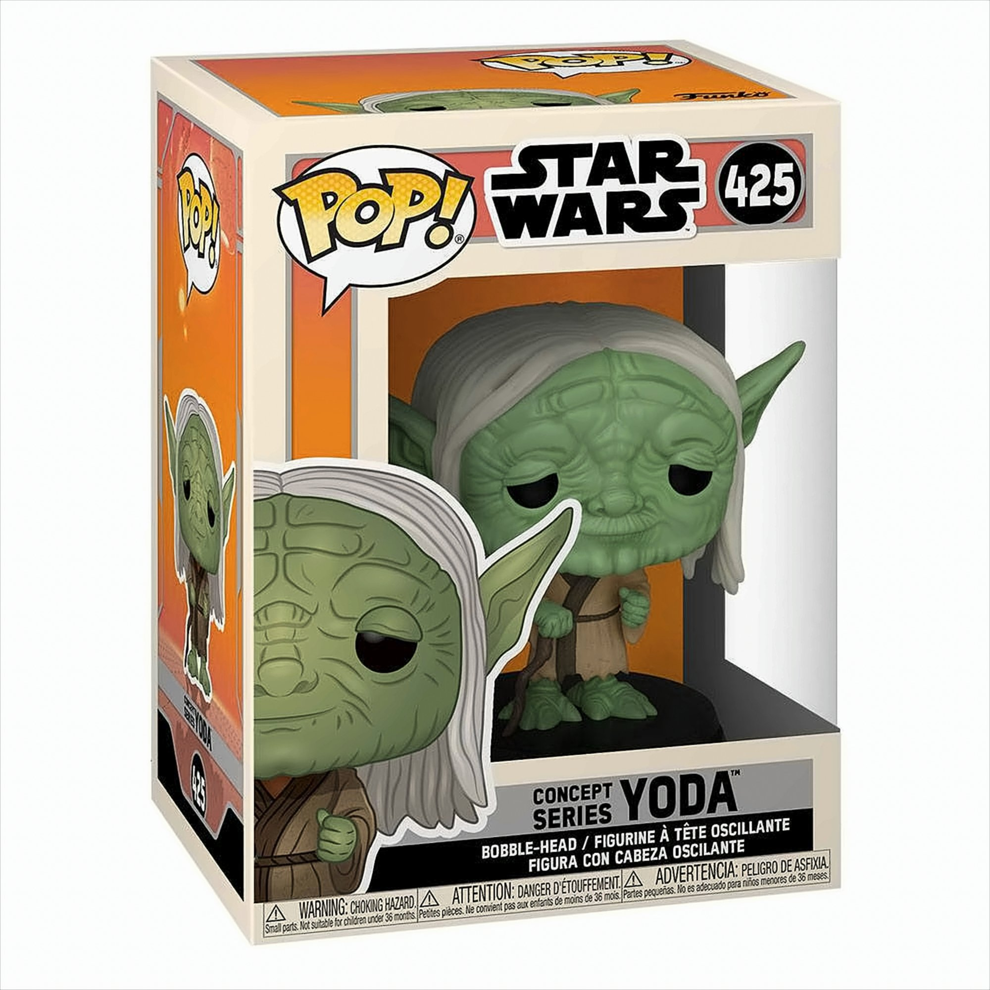 Yoda Funko Pop Figur in einer Box. Die Box zeigt Yoda, und die Box hat ein Star Wars Logo.