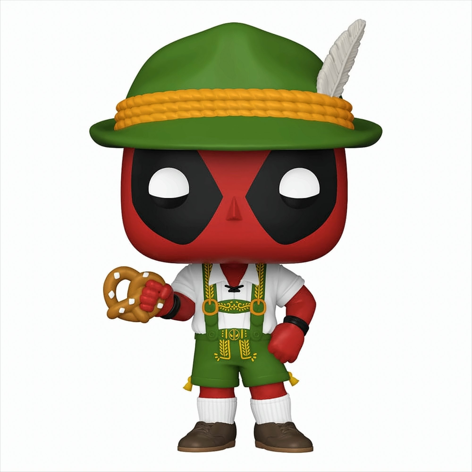 Deadpool-Figur mit grünem Hut, Brezel haltend, Lederhosen tragend.