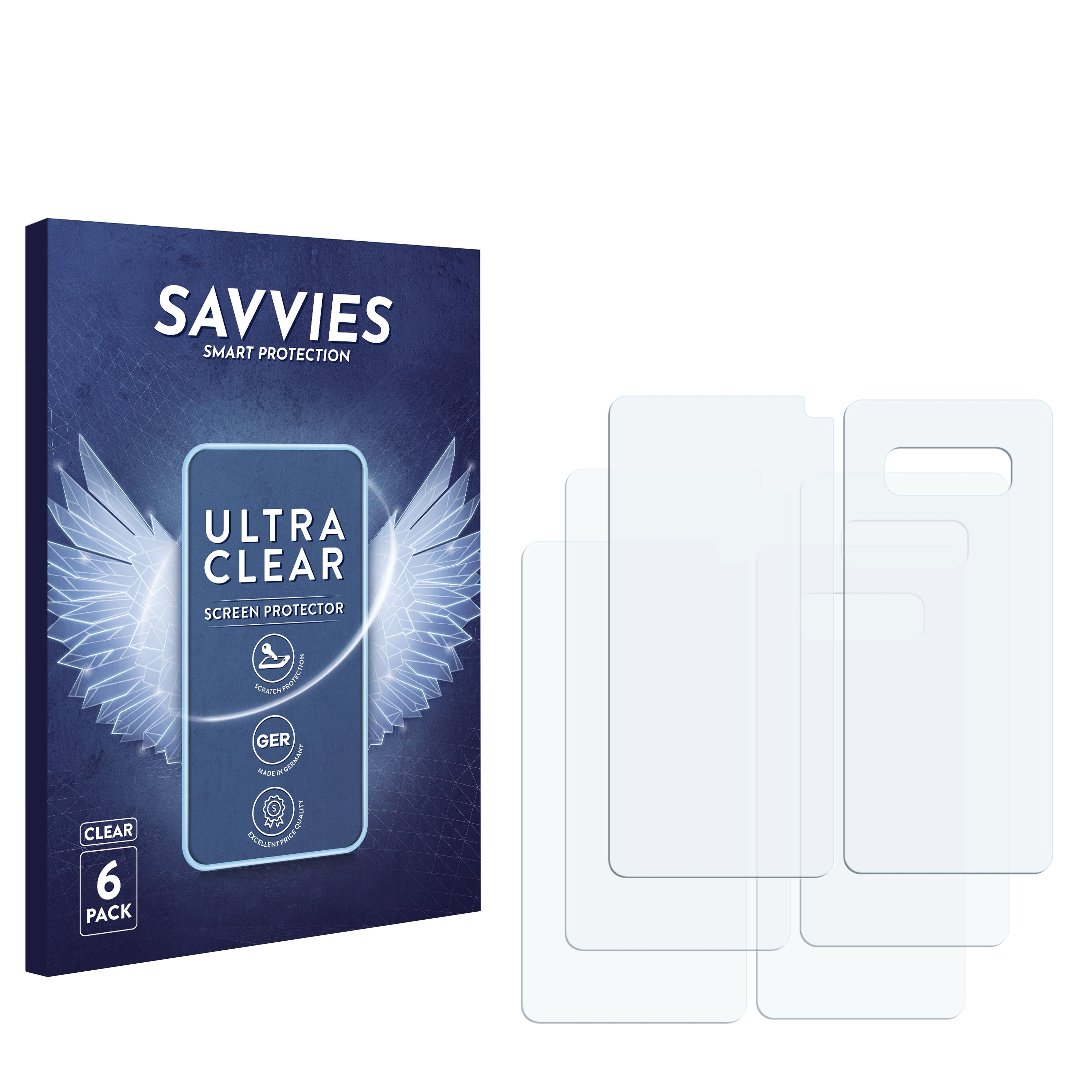 Handy-Displayschutzfolien in einer Box. Text: Savvies Ultra Clear Displayschutz. Klar.