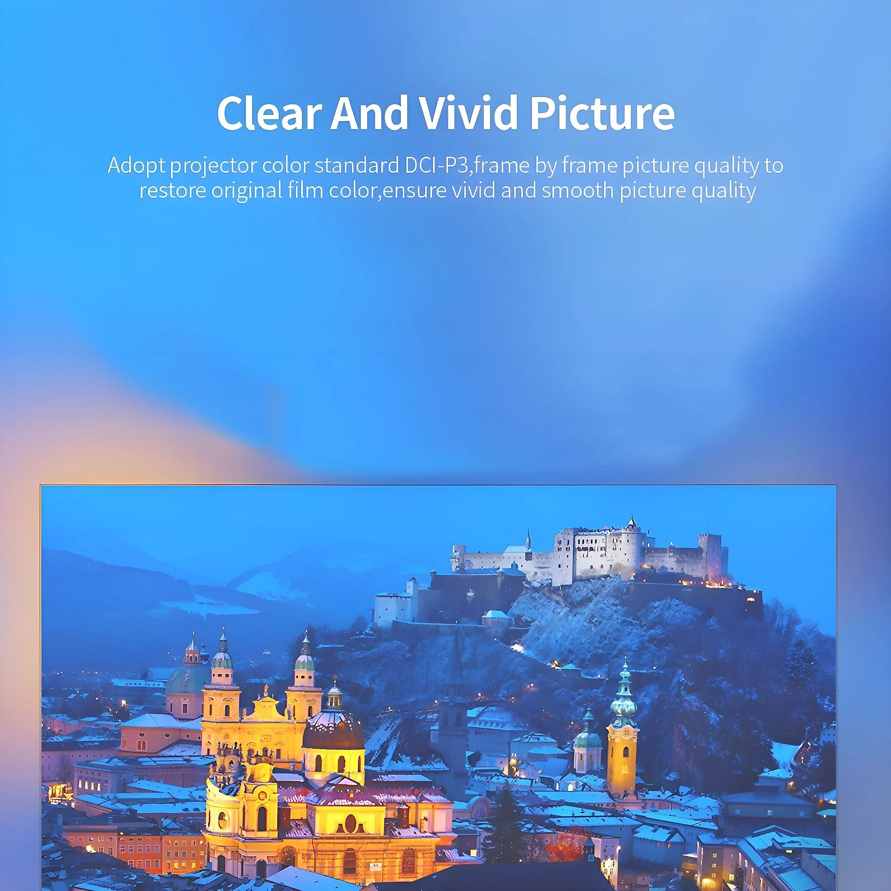 Landschaft mit Burg. Blauer Himmel, Stadtlichter und Schnee auf Bergen.