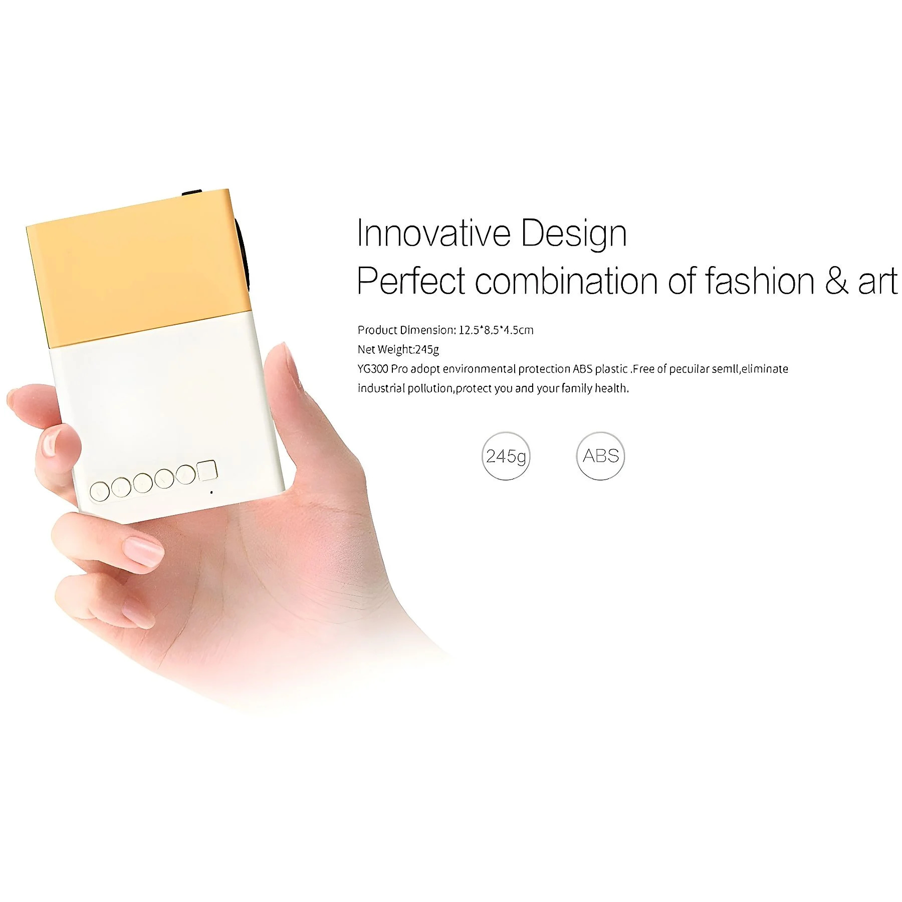 Hand hält ein kleines weiß-goldenes Gerät. Text: Innovatives Design, Perfekte Kombination aus Mode & Kunst.