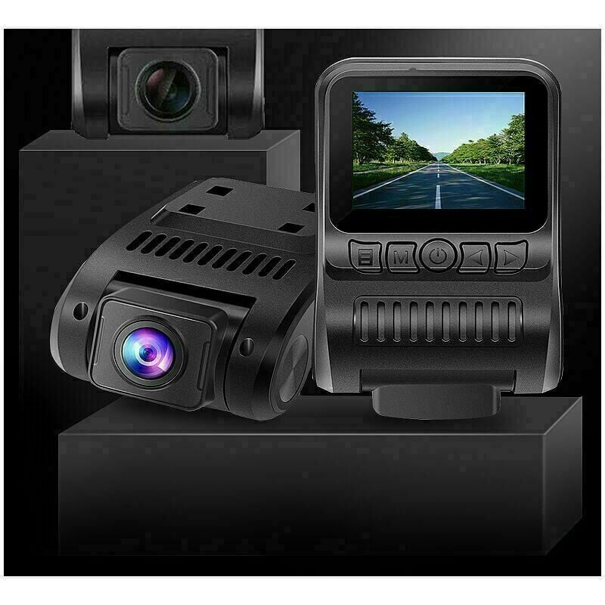 Zwei schwarze Auto-Dashcams, eine mit Bildschirm, auf dunkler Oberfläche.