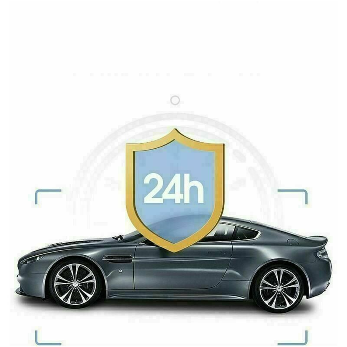 Graues Auto mit blauem Schild und 24h-Symbol. Auto vor weißem Hintergrund.