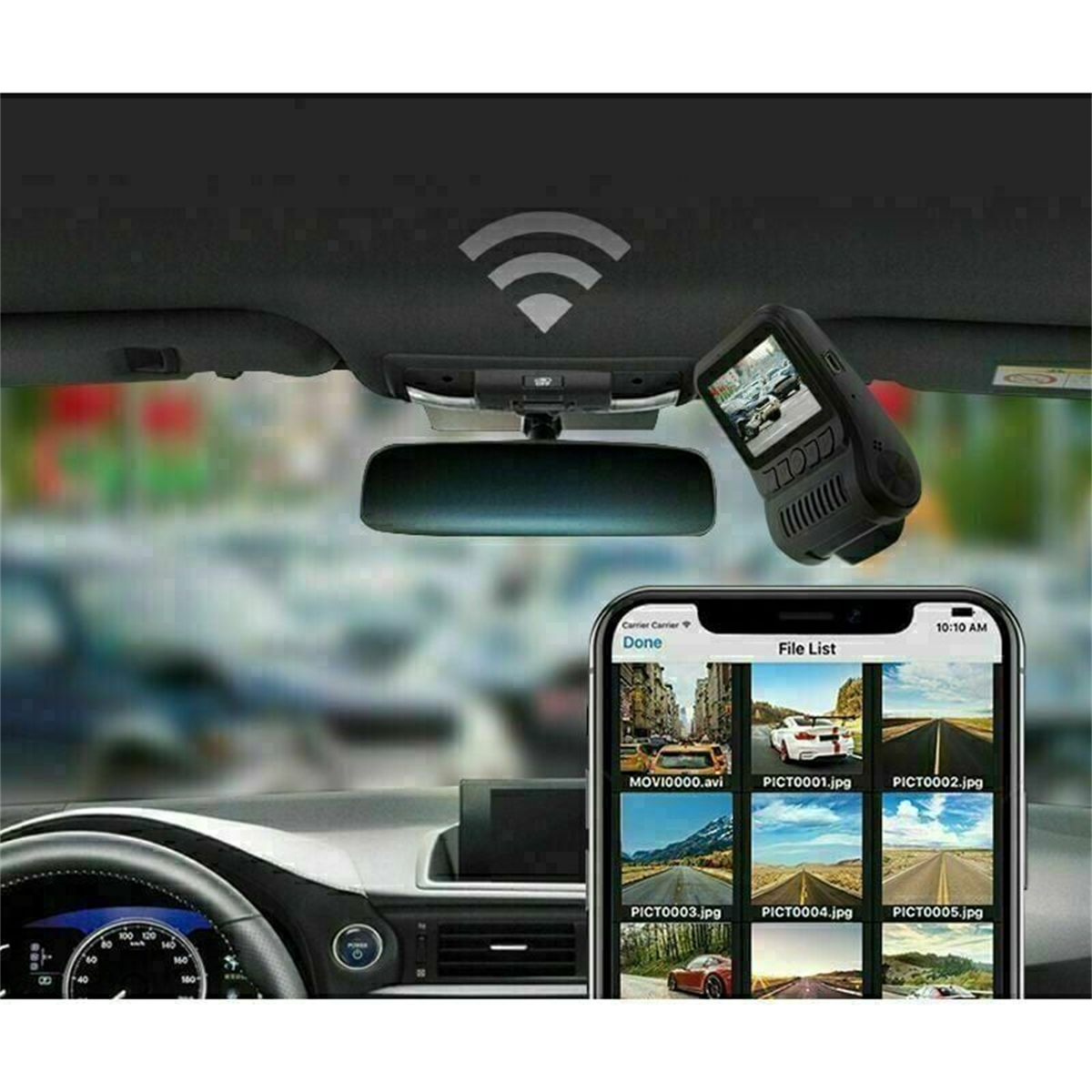 Ein Telefon, das einen Fahrzeuginnenraum mit Dashcam anzeigt. Eine Dashcam und ein Telefon, das Bilder anzeigt, sind sichtbar.