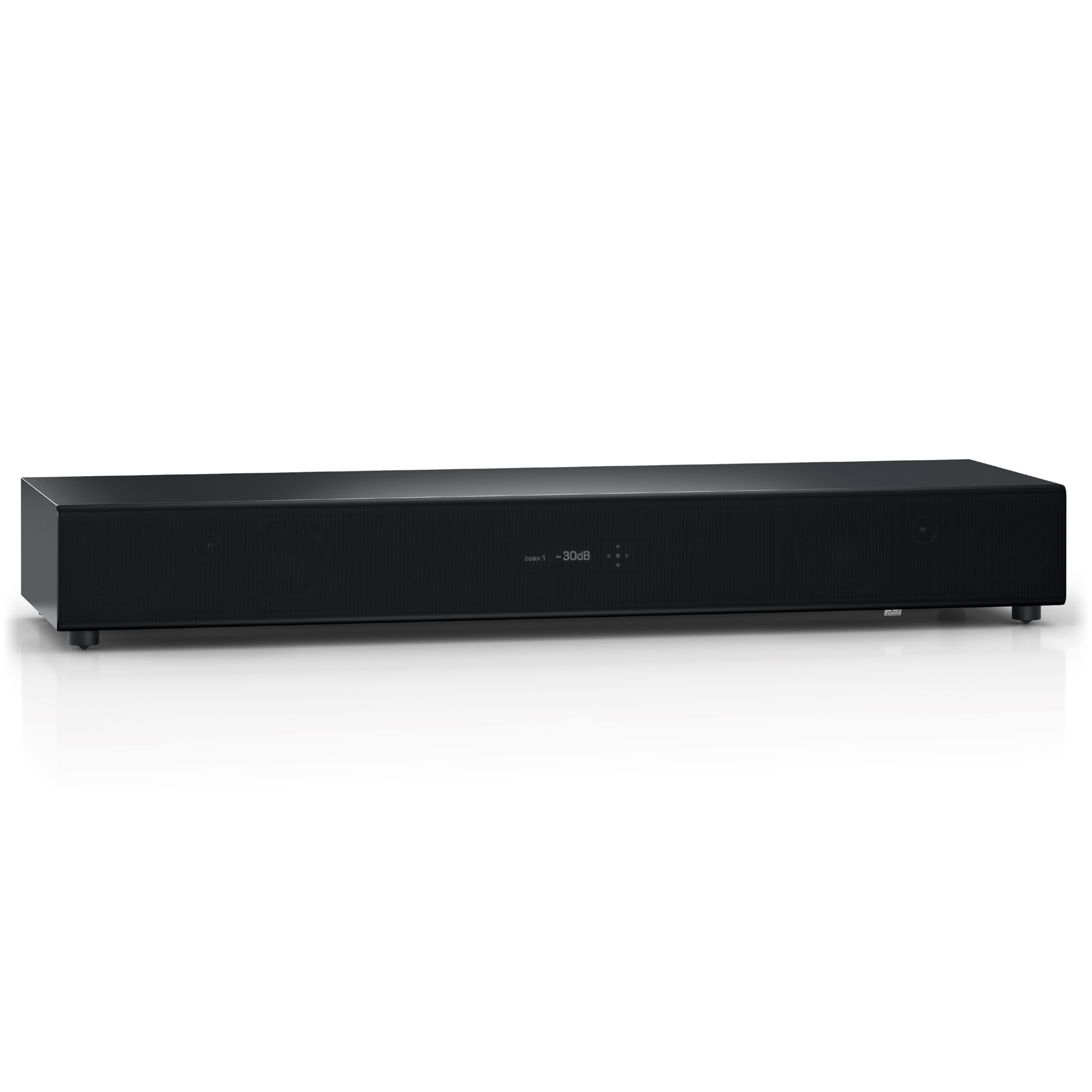 Schwarze Soundbar mit Bildschirm in der Mitte und weißem Hintergrund.