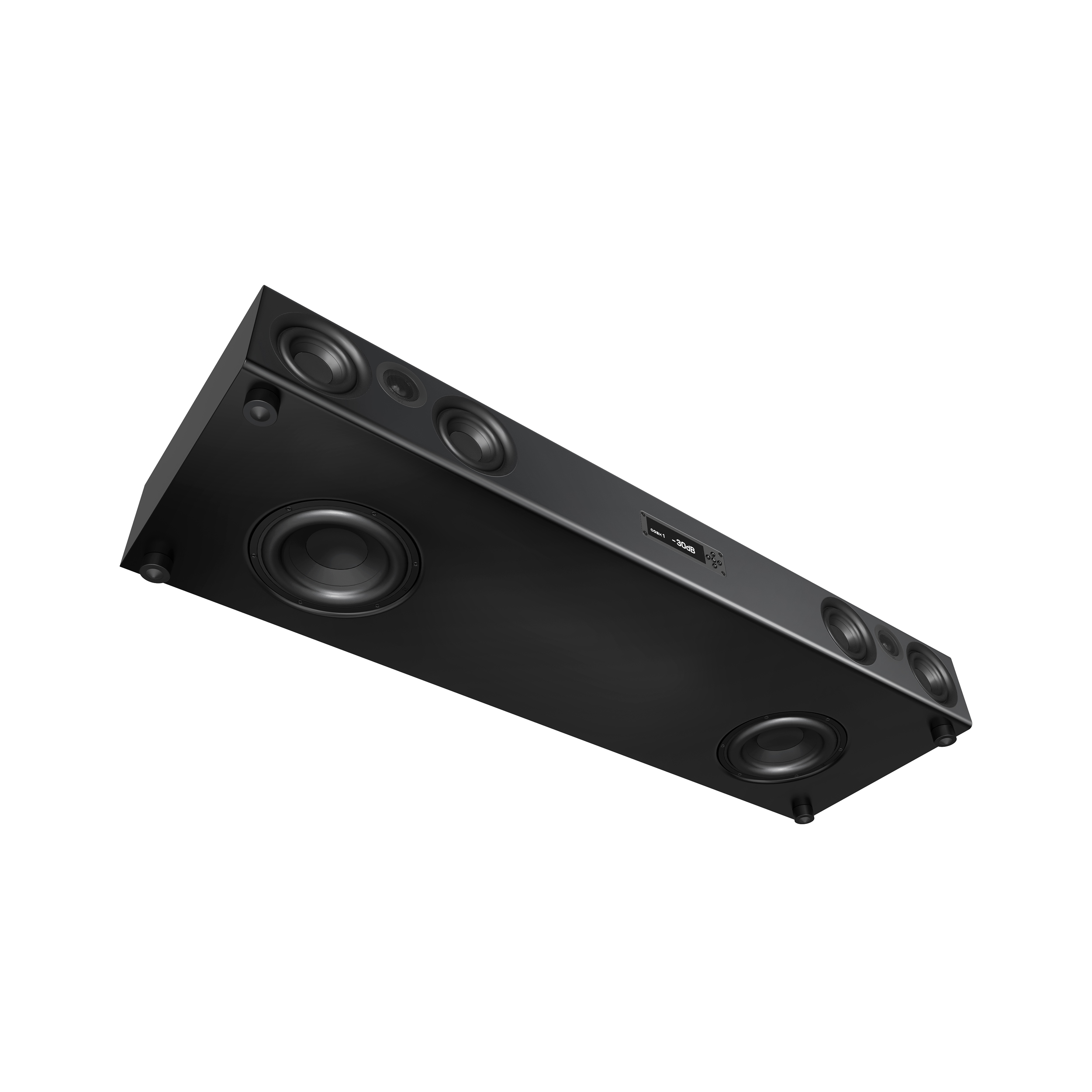 Schwarze Soundbar mit Lautsprechern, nach oben abgewinkelt, auf weißem Hintergrund.