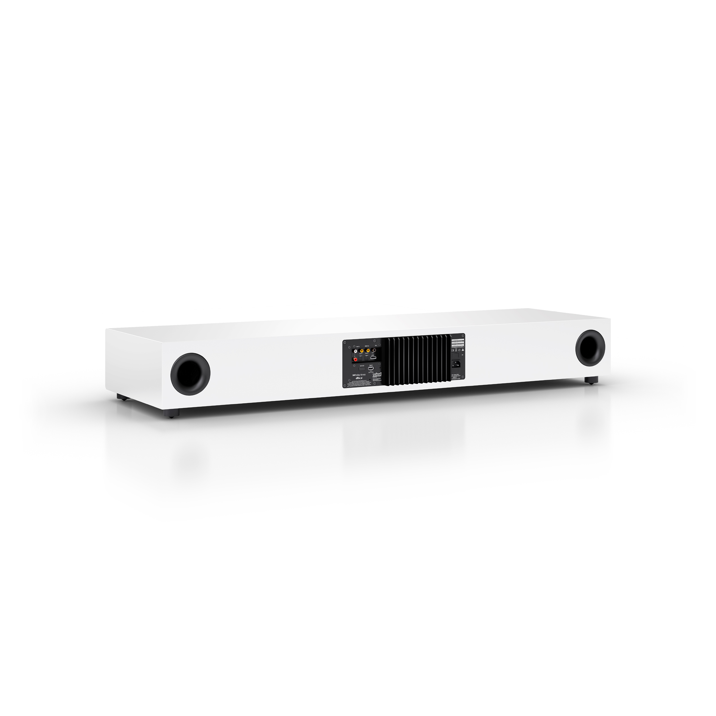 Weißer Soundbar-Lautsprecher mit schwarzen Lautsprecherlöchern und Rückwand mit Anschlüssen.