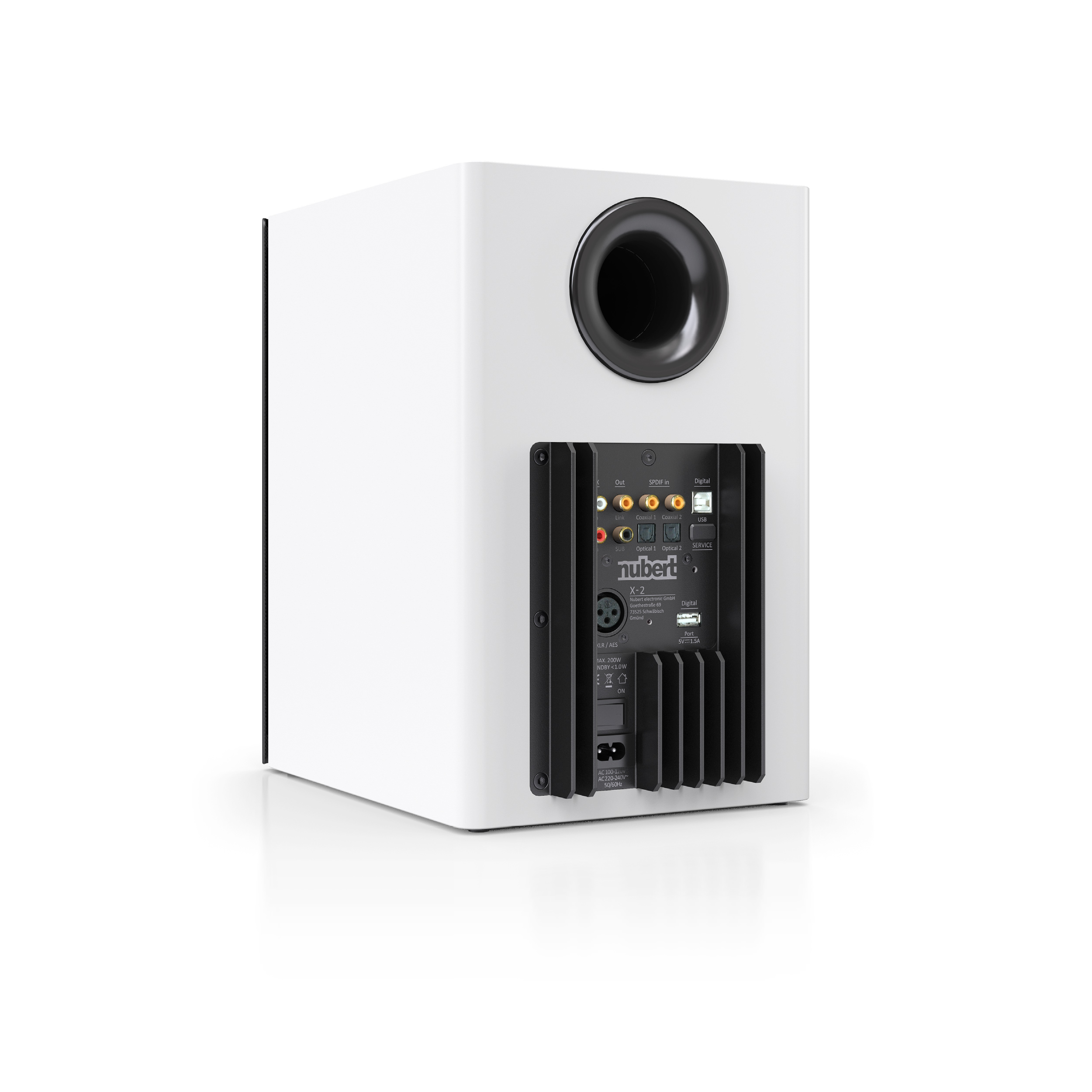 Weißer Subwoofer-Lautsprecher mit schwarzer Rückwand.