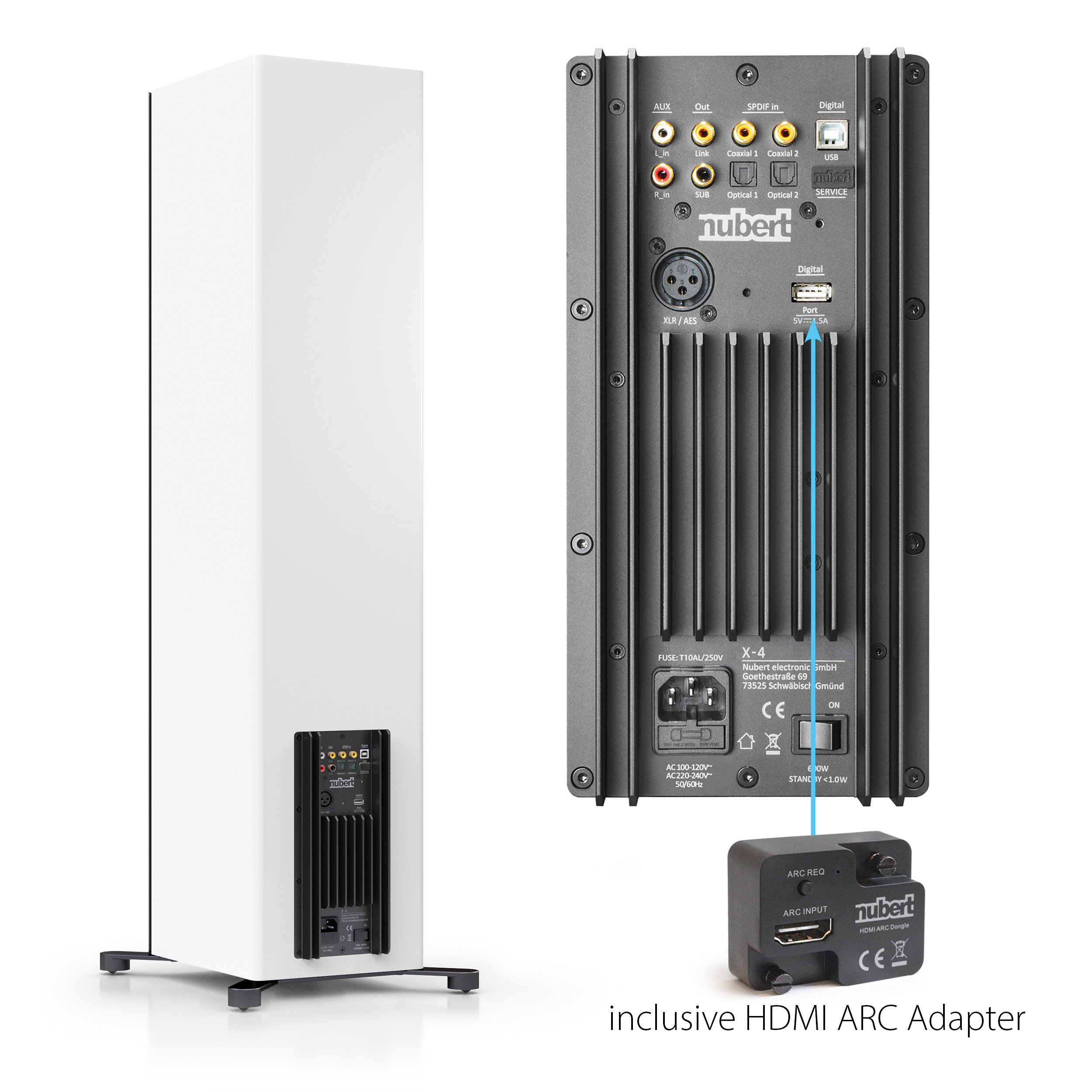 Weißer Lautsprecher mit schwarzer Rückseite. Rückseite hat Eingänge und Netzkabel. HDMI ARC-Adapter wird gezeigt.