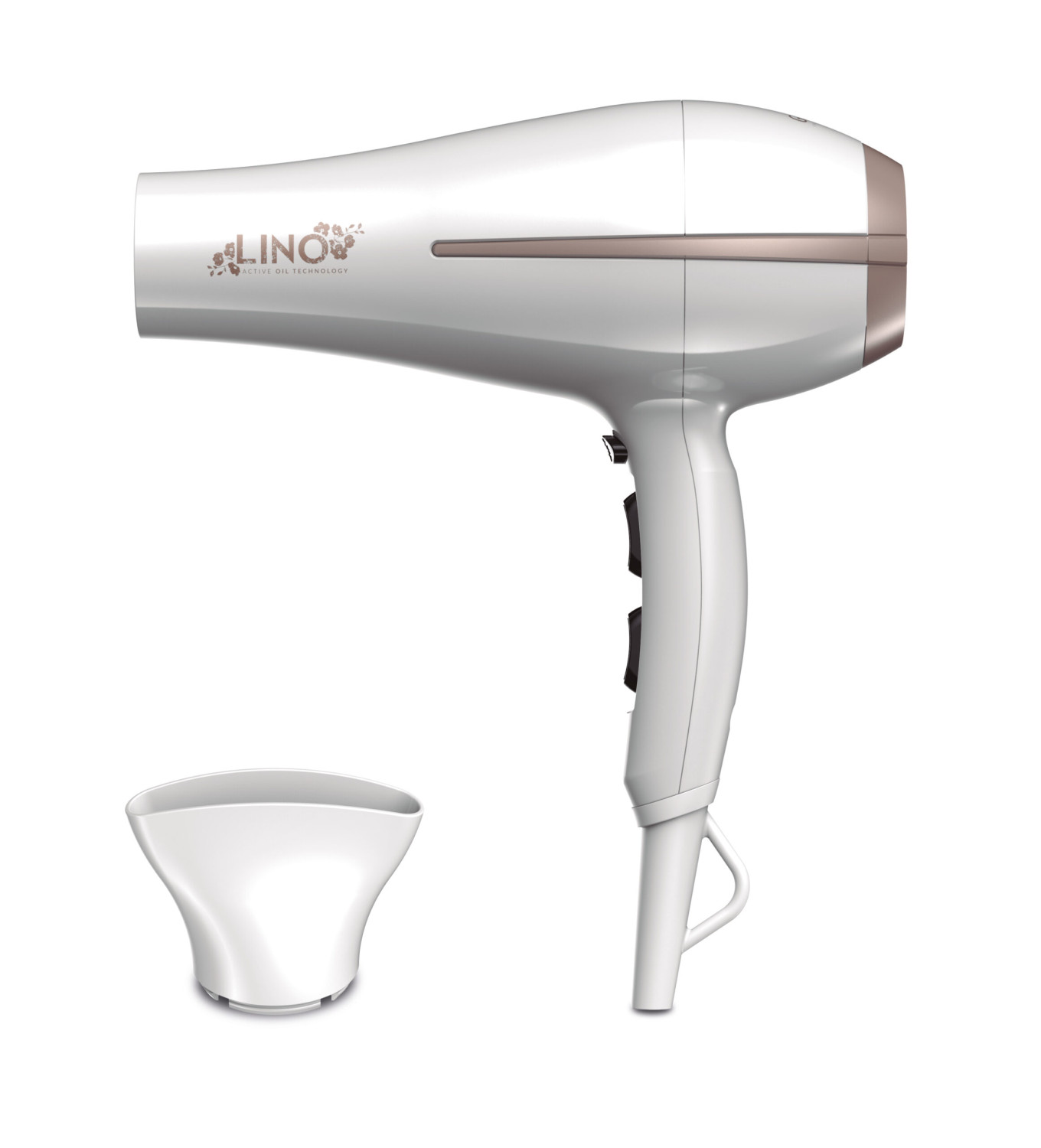Biała i różowo-złota suszarka do włosów z dyszą. Widoczna nazwa marki LINO.
