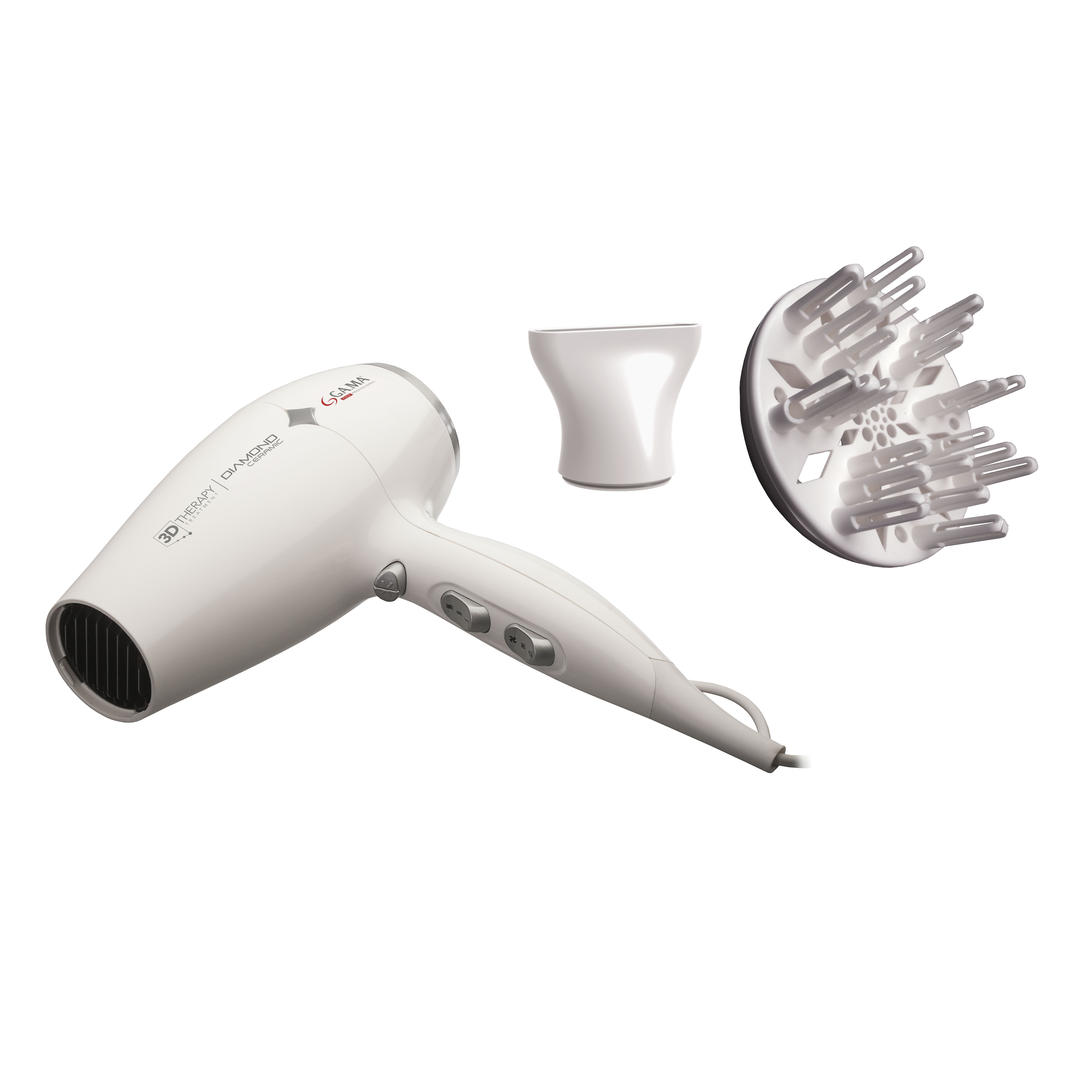 Biała suszarka do włosów z nasadkami. Jedna to dysza, druga to dyfuzor.