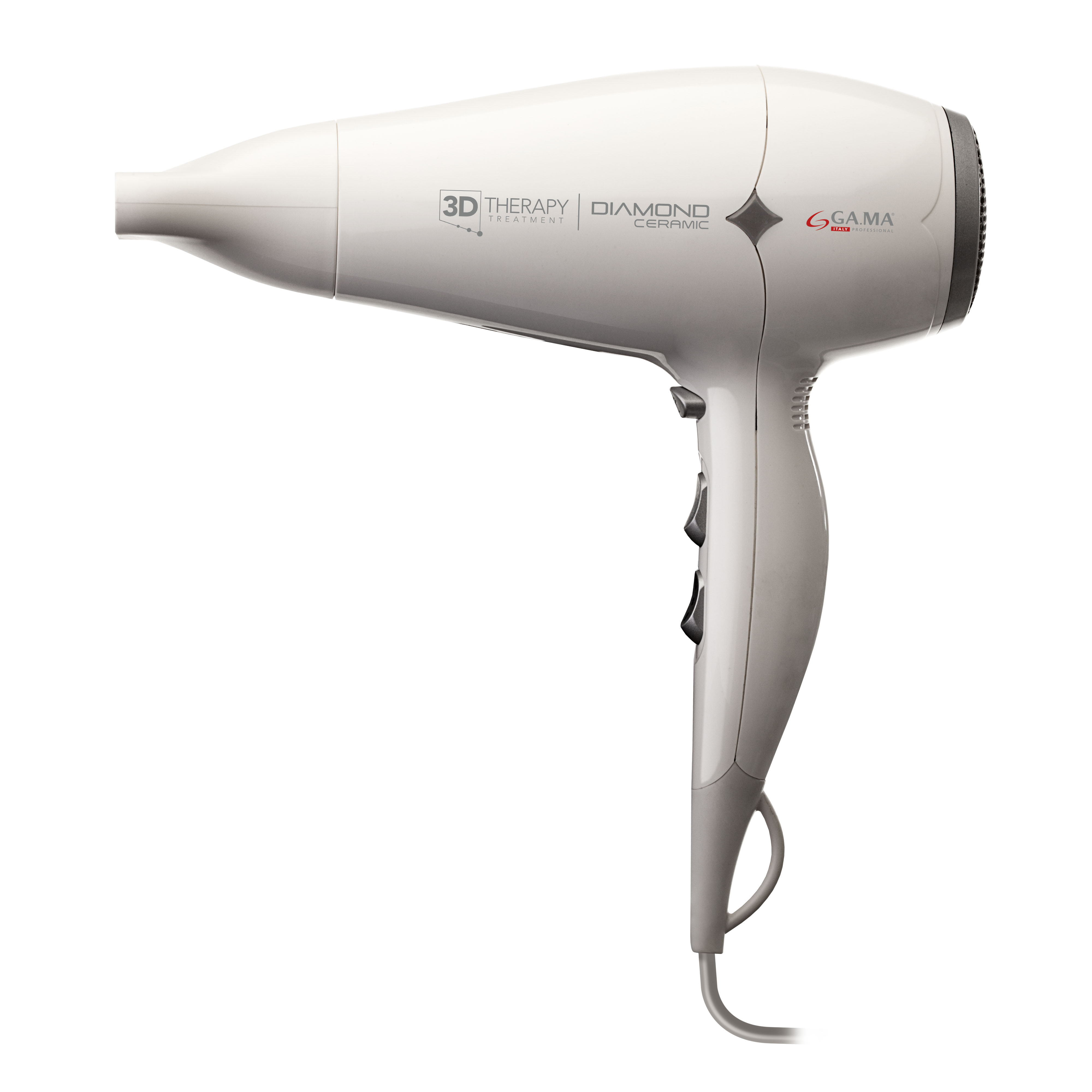 Biała suszarka do włosów z czarnymi akcentami i pętlą do zawieszania.