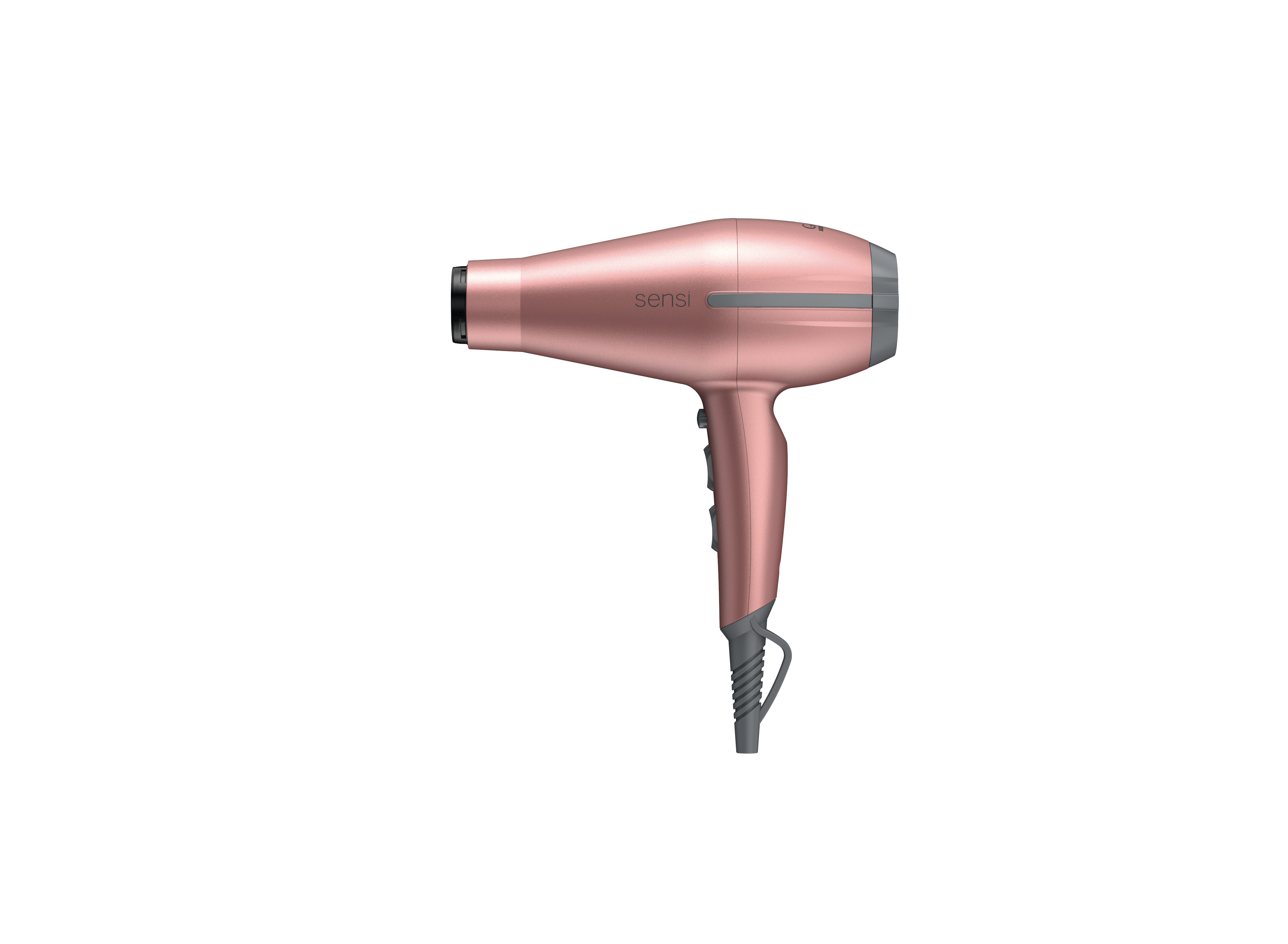 Suszarka do włosów w kolorze różowego złota, widok z boku. Białe tło.