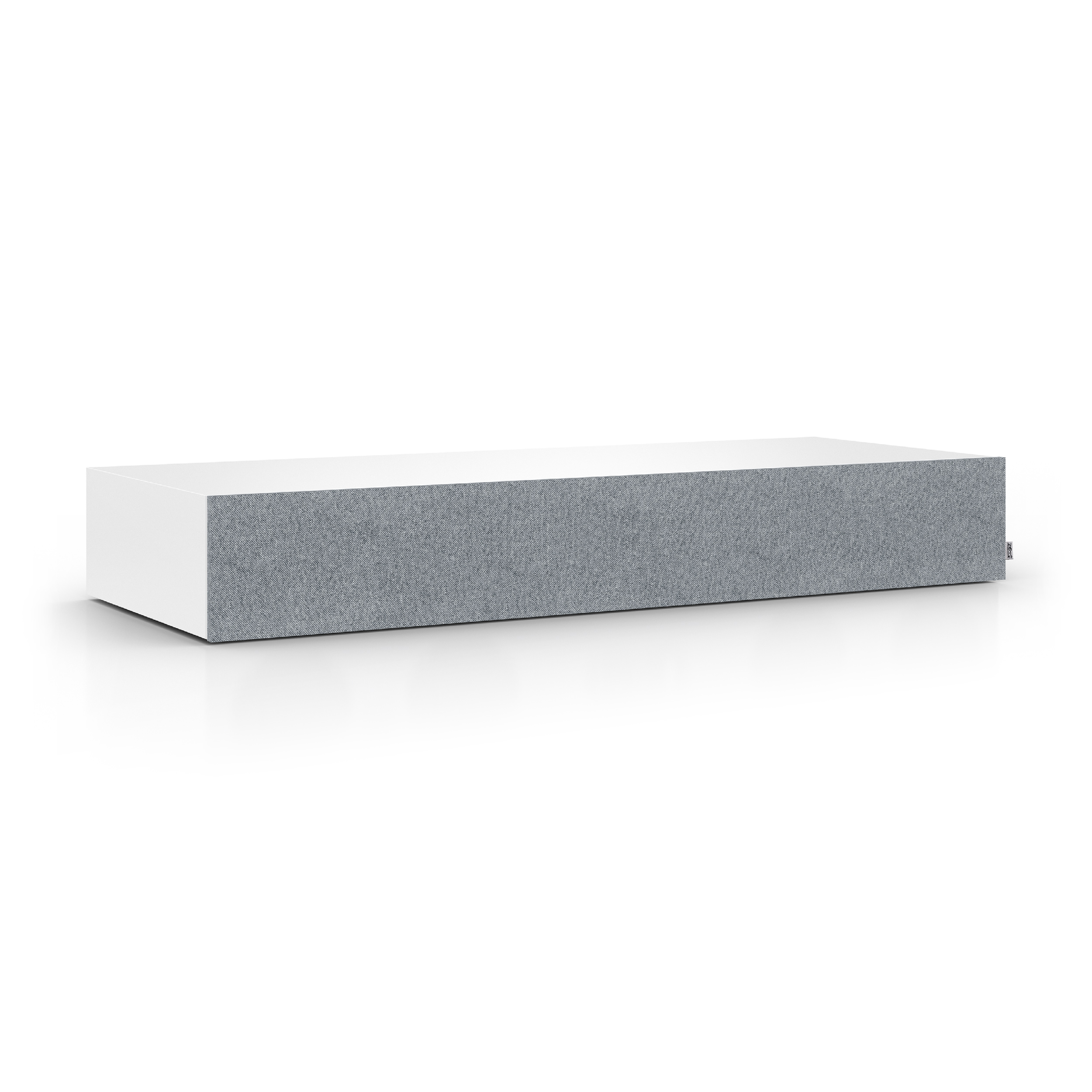Lange, rechteckige weiße Box mit grauem Stoffpaneel. Schatten deuten auf eine ebene Fläche hin.