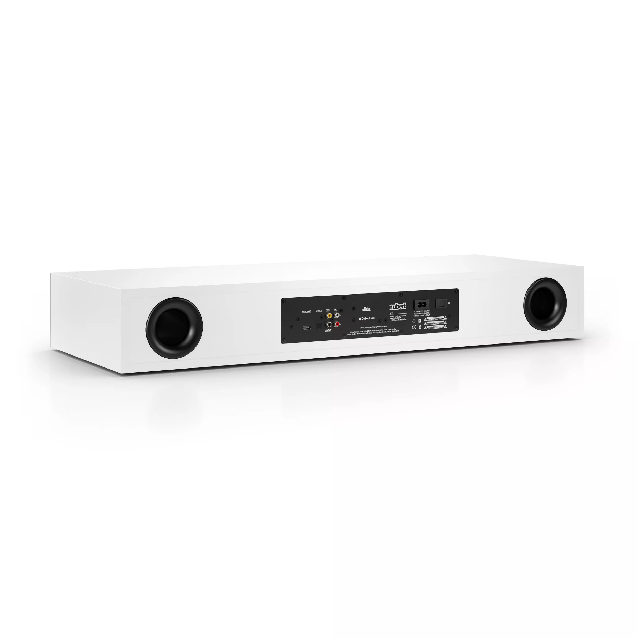 Weiße Soundbar mit schwarzen Lautsprecherlöchern auf der Rückseite.