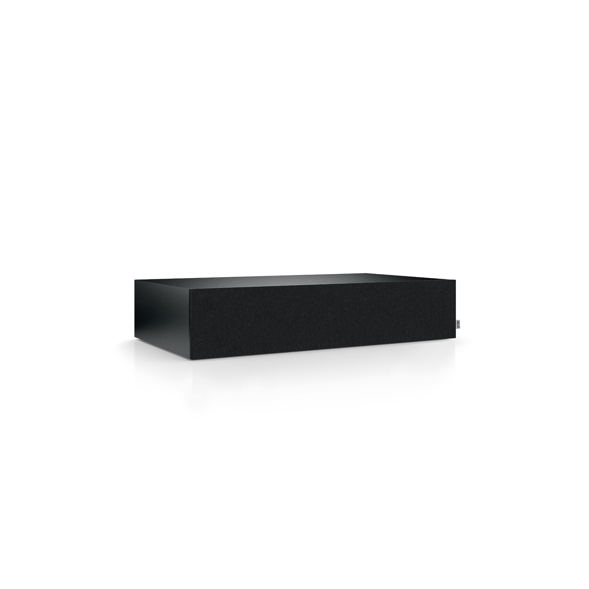 Eine schwarze Soundbar auf einer weißen Oberfläche, mit rechteckiger Form und Mesh-Front.