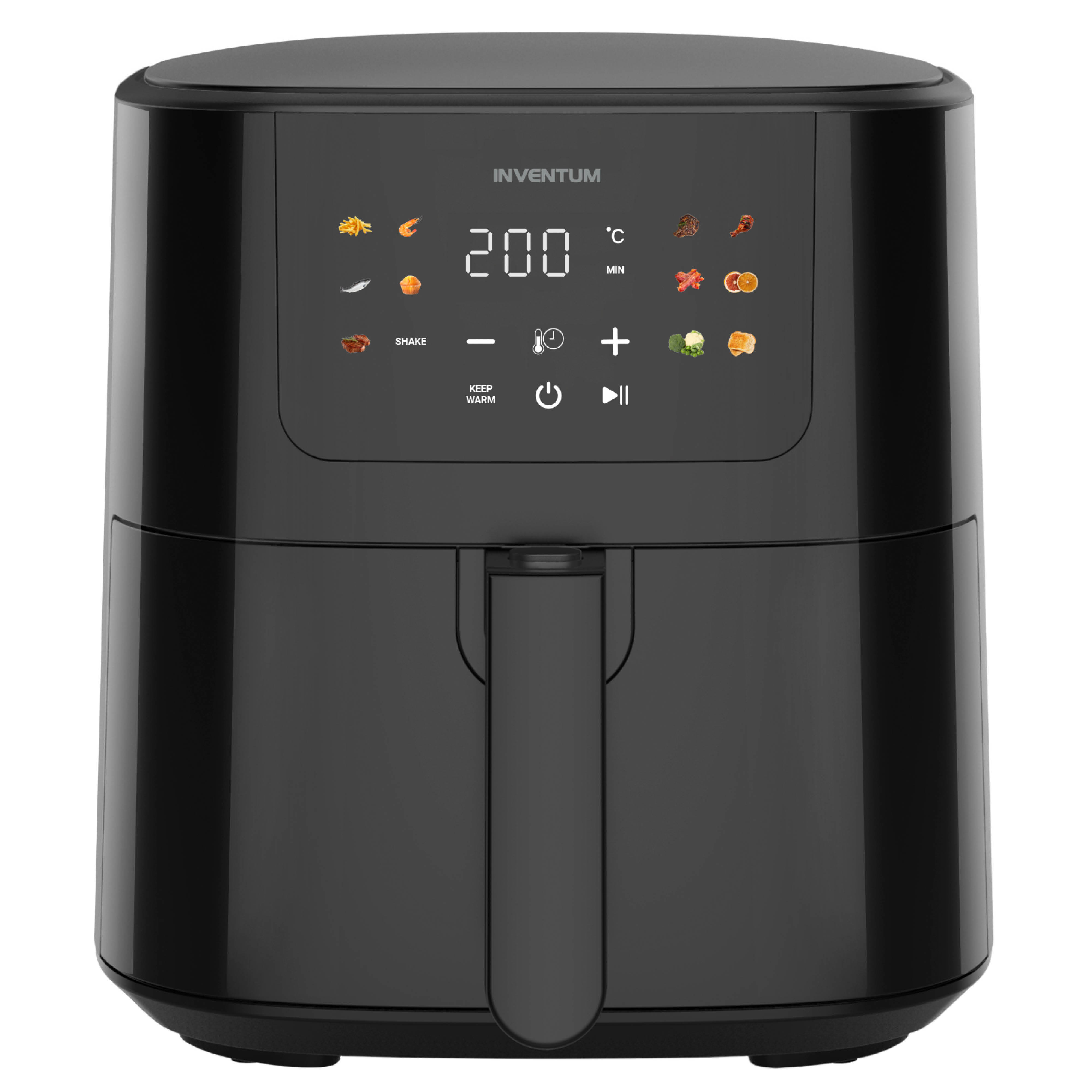 Zwarte airfryer met bedieningspaneel. Het toont instellingen en pictogrammen.