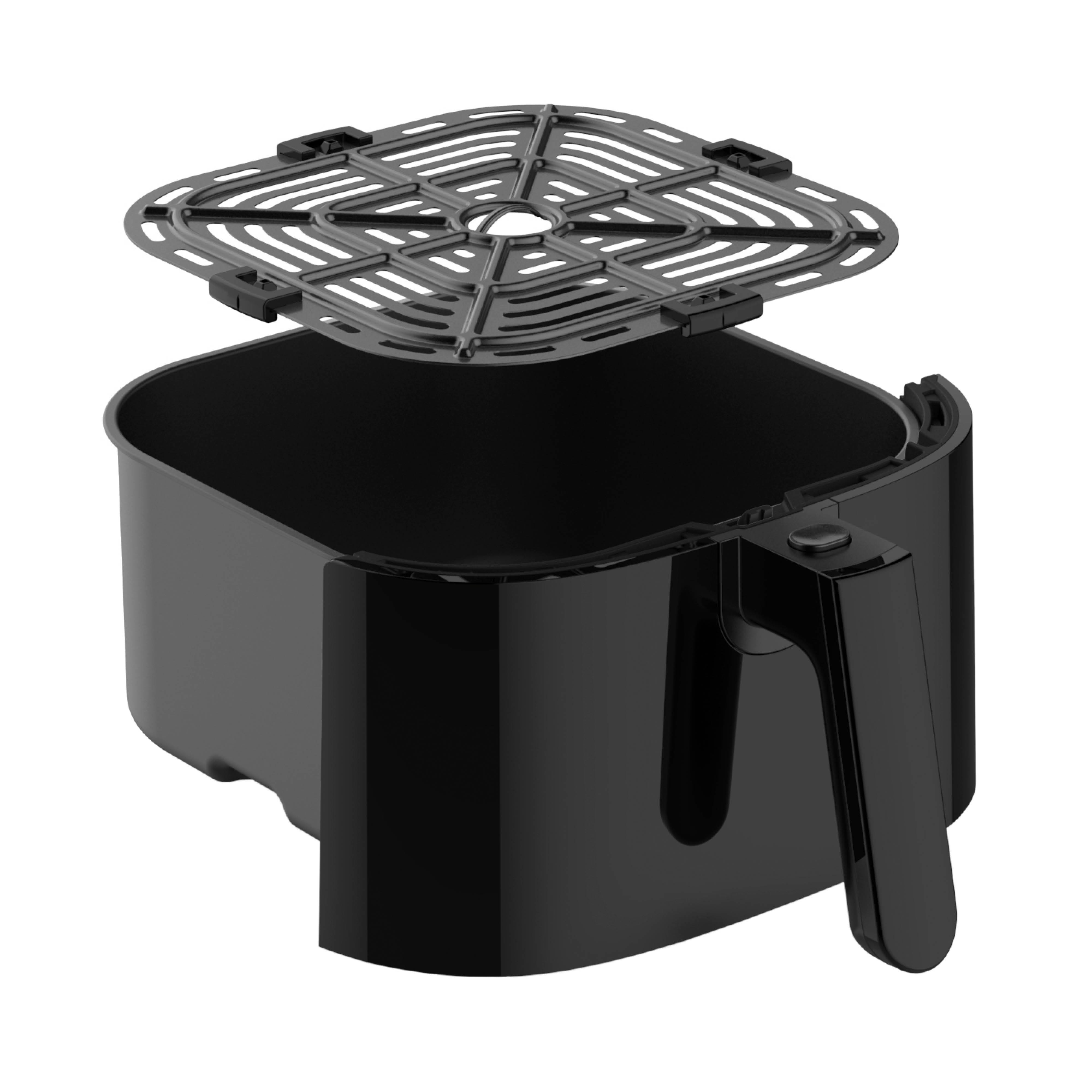 Een zwarte airfryer mand en een grillinzetstuk, gescheiden. Handvat zichtbaar.