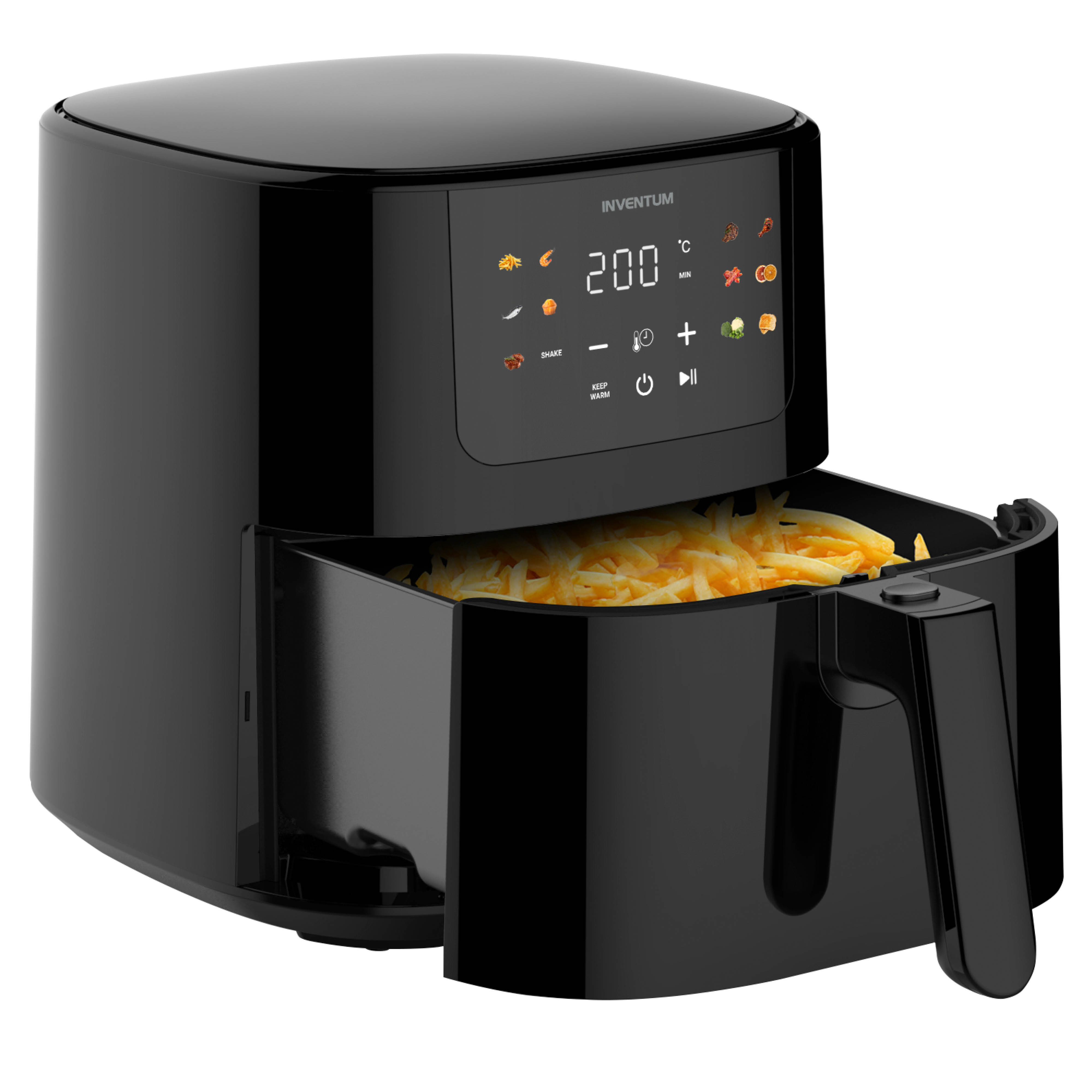 Een zwarte airfryer met voedsel in de mand en een digitaal display.