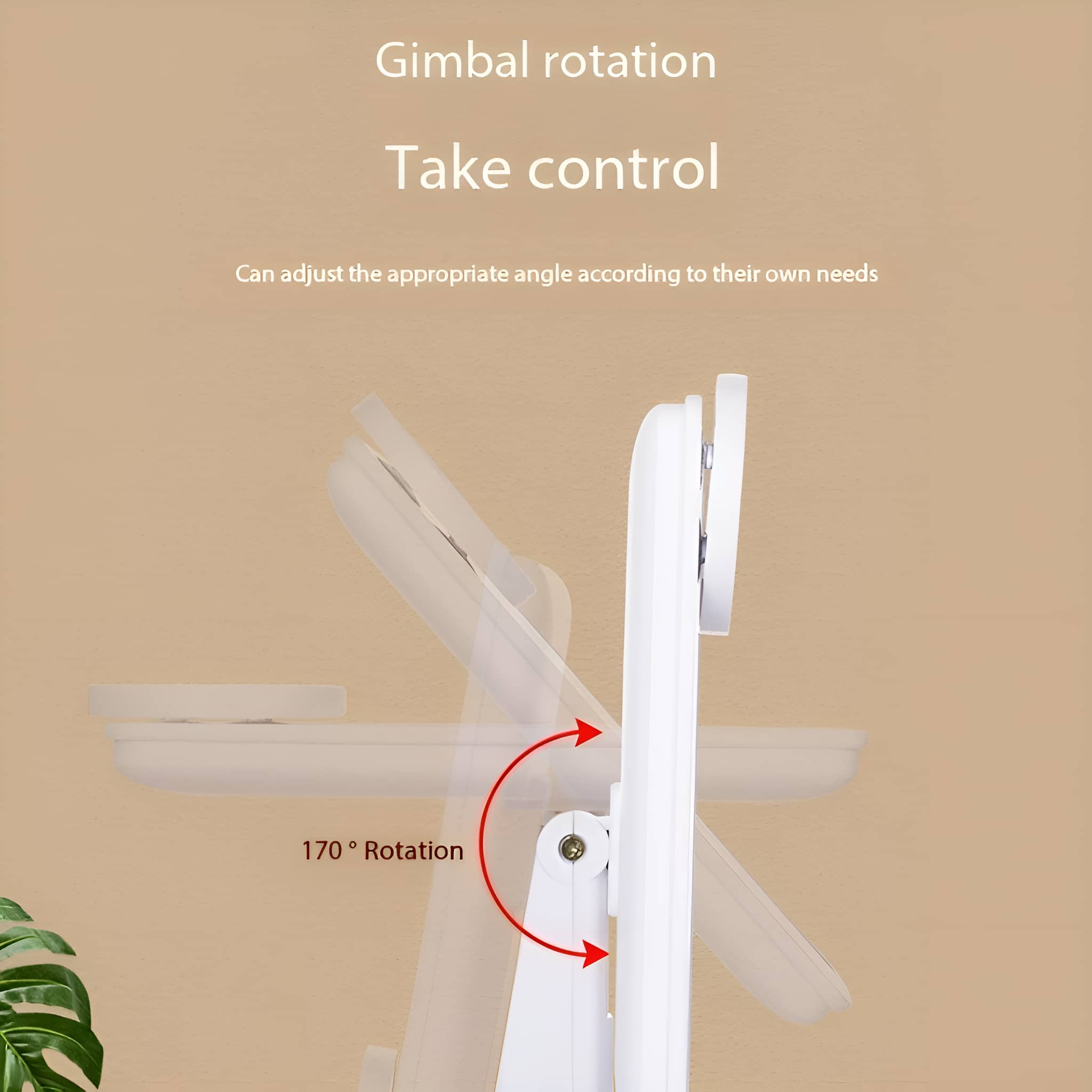Ein weißer Ständer mit einem Bildschirm, der sich um 170 Grad dreht. Text beschreibt Gimbal-Rotation und Steuerung.