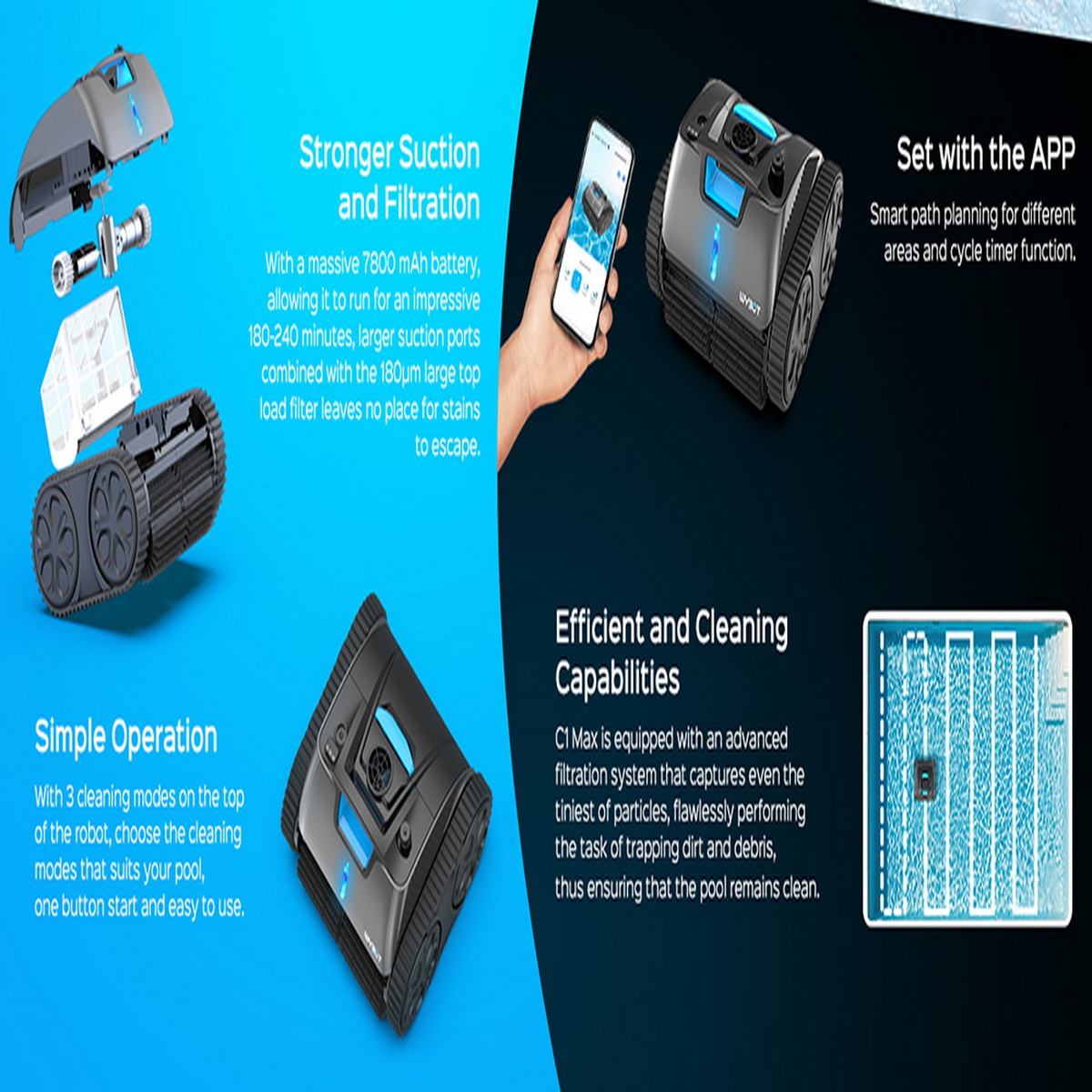 Części robota odkurzacza i zmontowane. Telefon z ekranem aplikacji. Tekst wyjaśnia funkcje.