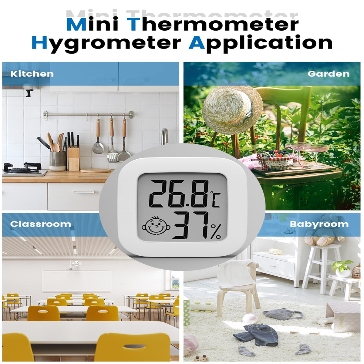Ein Mini-Thermometer zeigt die Temperatur in vier verschiedenen Umgebungen: Küche, Garten, Klassenzimmer und Babyzimmer.