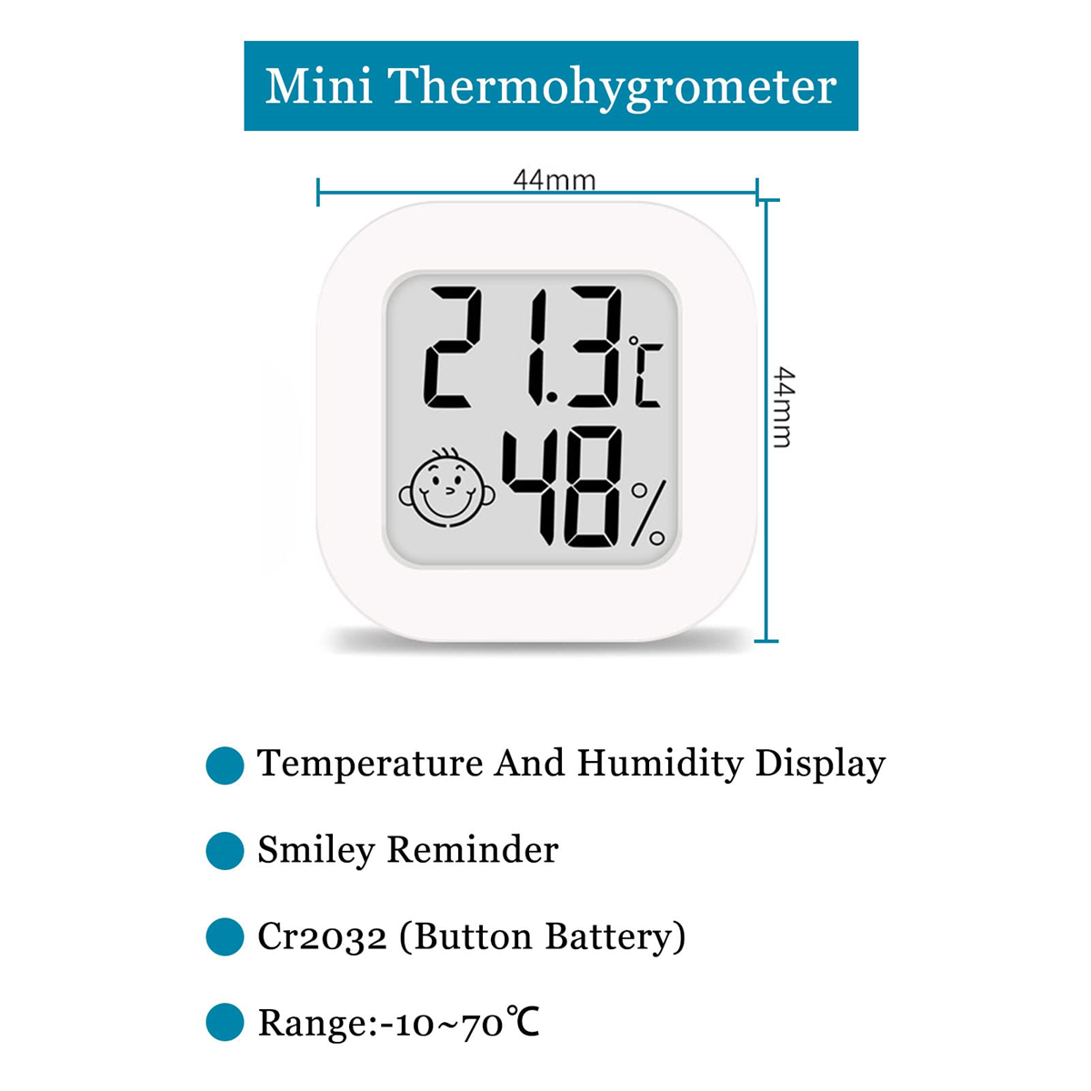 Ein kleines weißes quadratisches Thermometer zeigt 21,3 °C und 48 % Luftfeuchtigkeit an, mit Text.